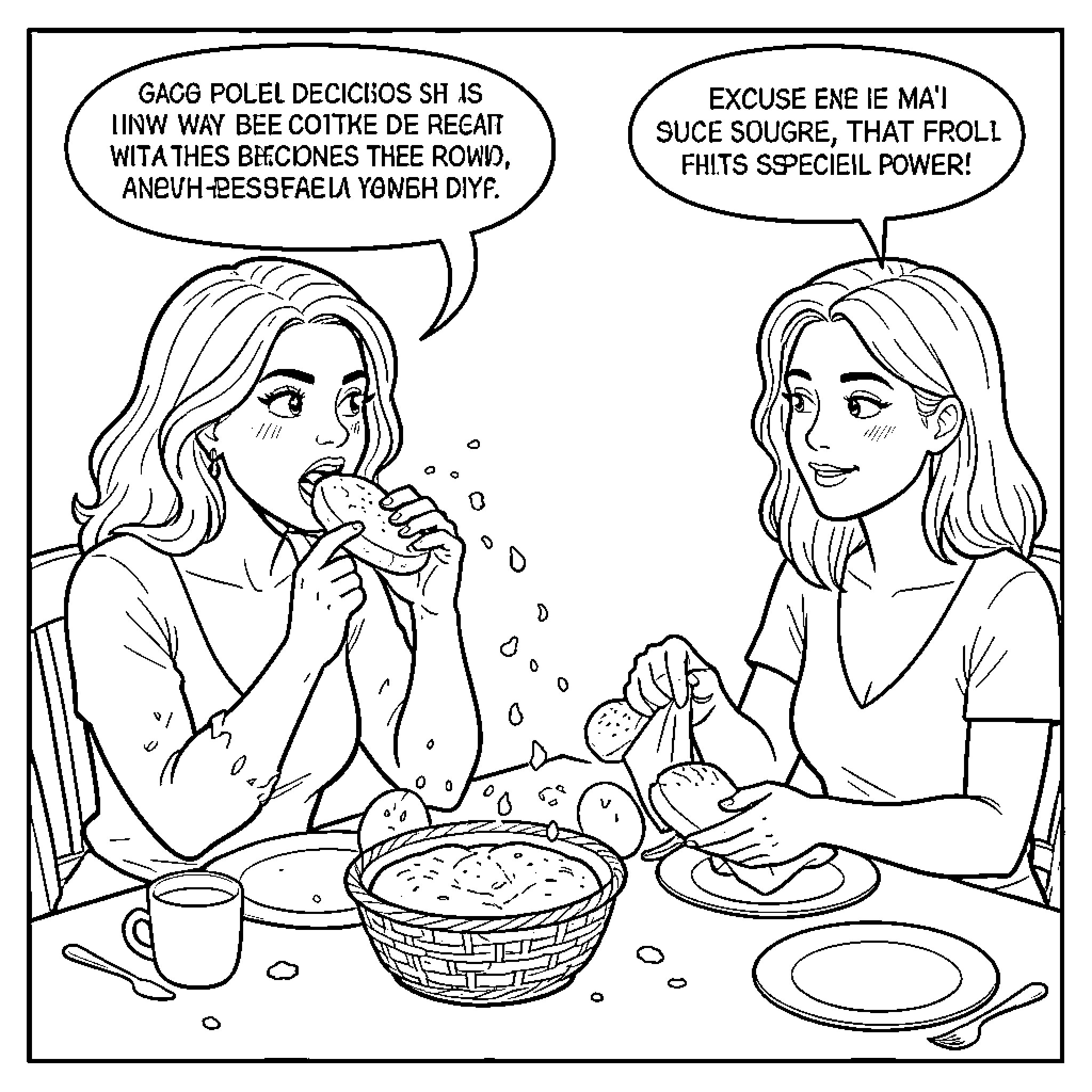 Table with Conversations and Food Coloring Page (free black-and-white line drawing printable PDF for all, from beginners to advanced learners, including children, teens, adults, and seniors)