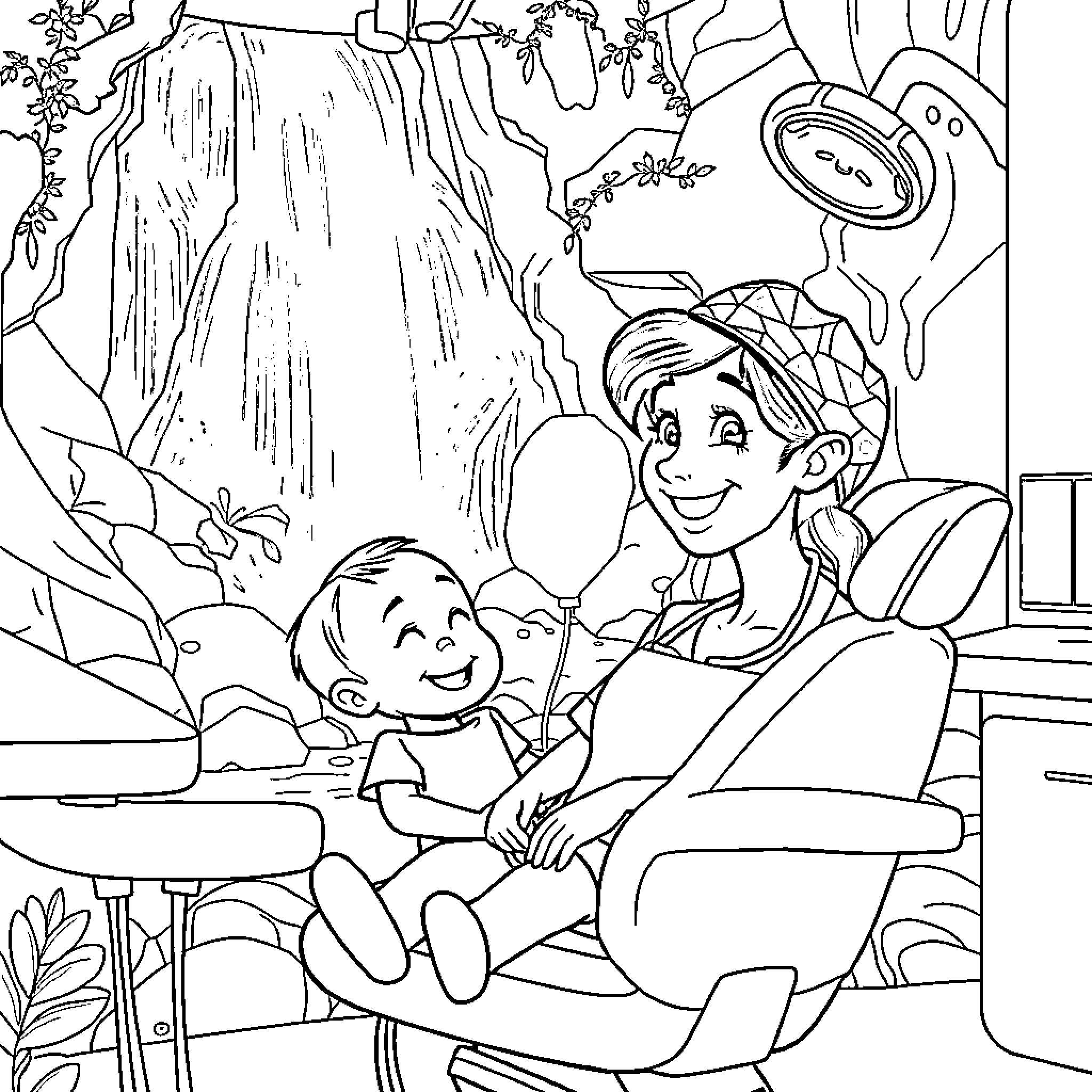 Child playing with mother in scenic nature Coloring Page (free black-and-white line drawing printable PDF for all, from beginners to advanced learners, including children, teens, adults, and seniors)