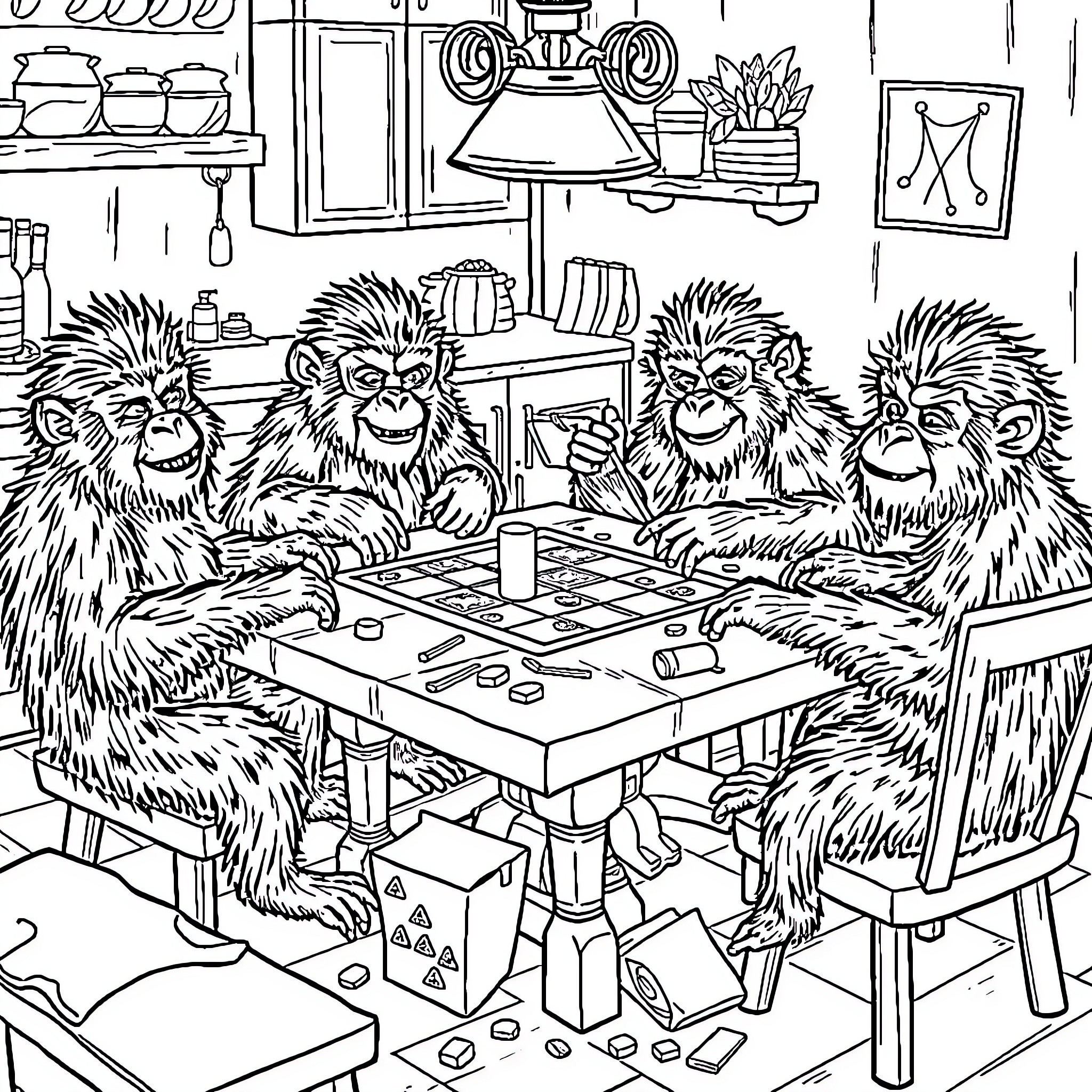 Sasquatch family playing board game in cozy cabin Coloring Page (free black-and-white line drawing printable PDF for all, from beginners to advanced learners, including children, teens, adults, and seniors)