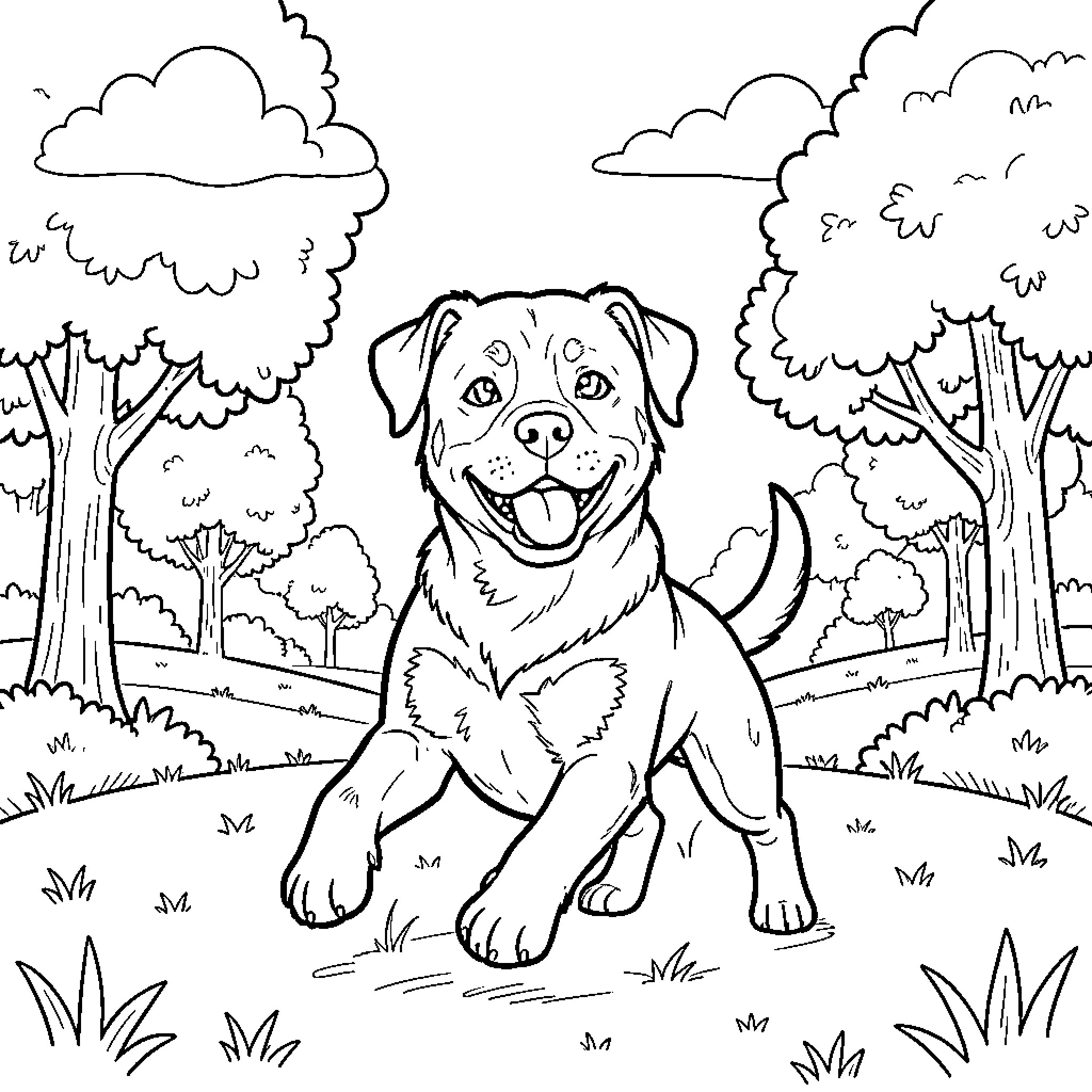 Rottweiler enjoying the outdoors in a forest setting Coloring Page (free black-and-white line drawing printable PDF for all, from beginners to advanced learners, including children, teens, adults, and seniors)