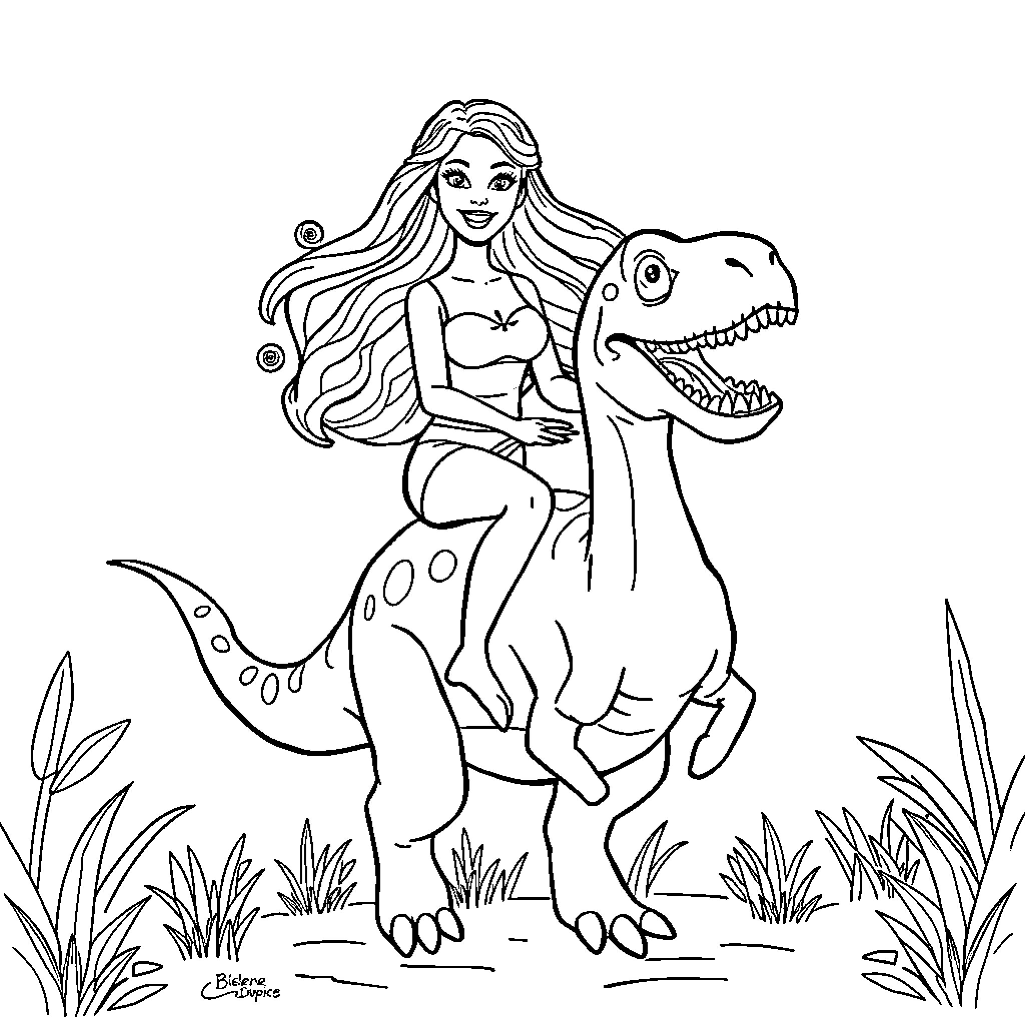 Barbie riding a playful dinosaur Coloring Page (free black-and-white line drawing printable PDF for all, from beginners to advanced learners, including children, teens, adults, and seniors)
