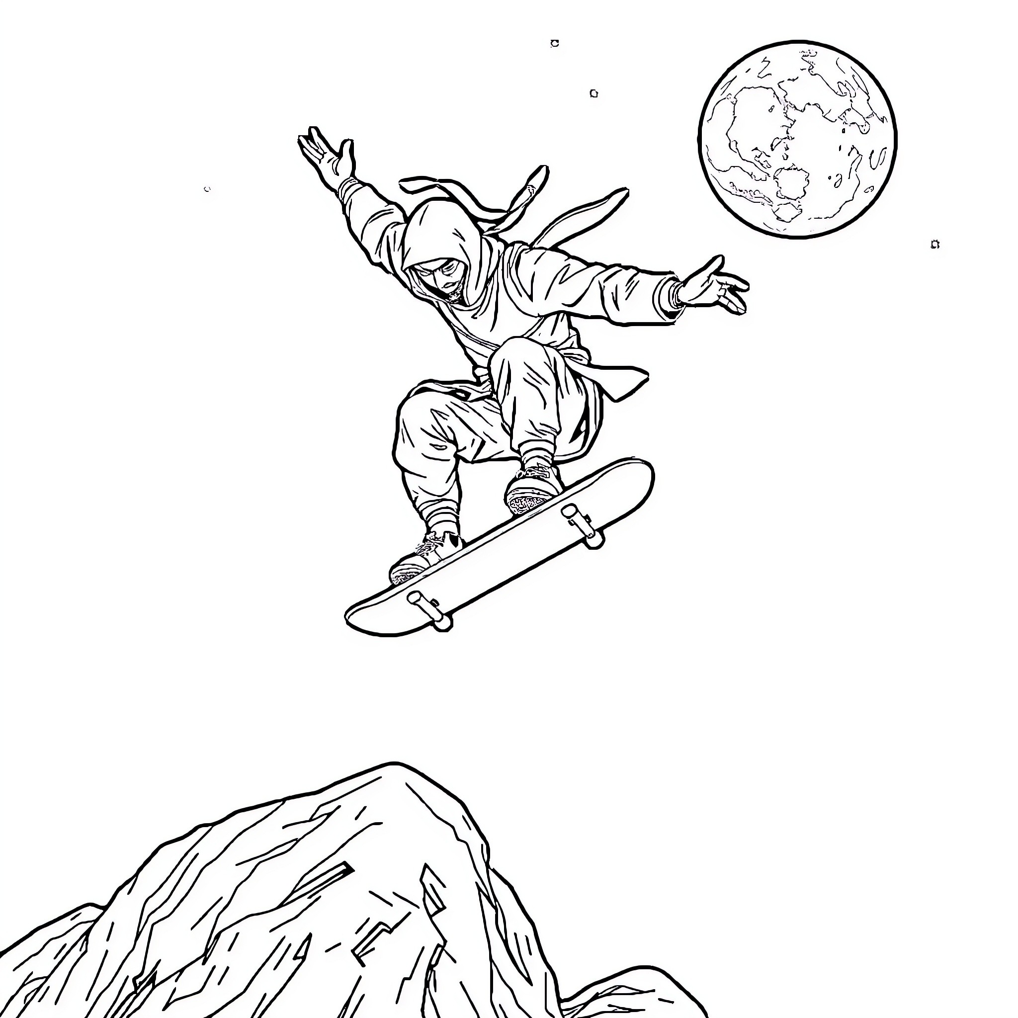 Ninja skateboarding through snowy peaks under the moon Coloring Page (free black-and-white line drawing printable PDF for all, from beginners to advanced learners, including children, teens, adults, and seniors)