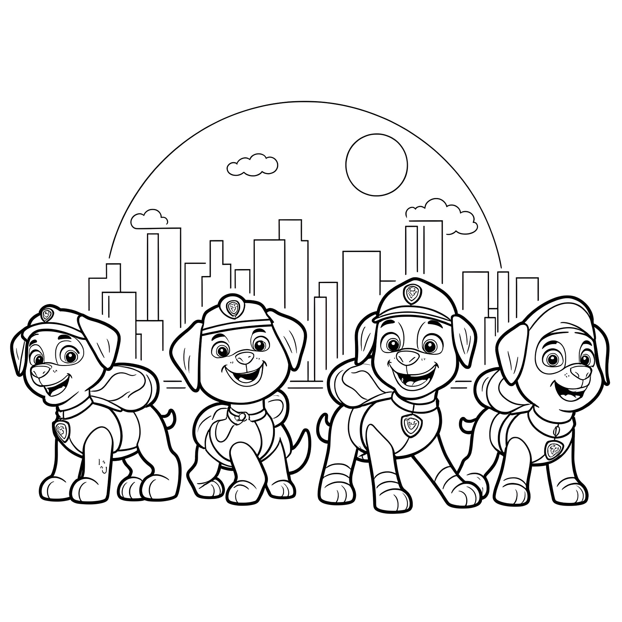 Paw Patrol team exploring the city Coloring Page (free black-and-white line drawing printable PDF for all, from beginners to advanced learners, including children, teens, adults, and seniors)