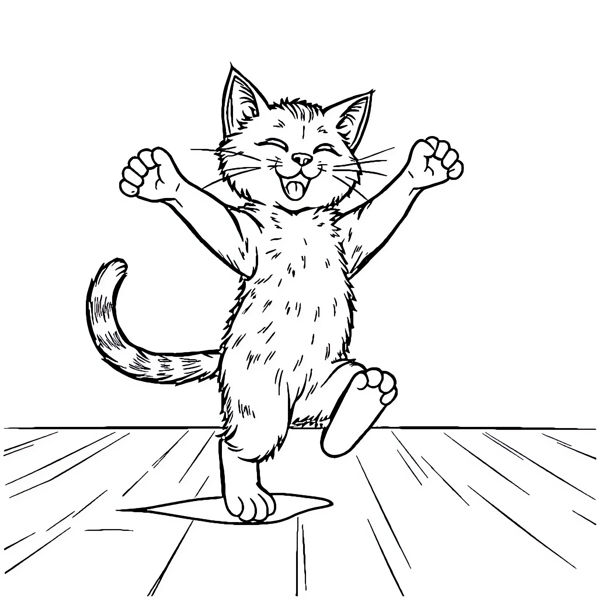 Cat stretching and yawning happily Coloring Page (free black-and-white line drawing printable PDF for all, from beginners to advanced learners, including children, teens, adults, and seniors)