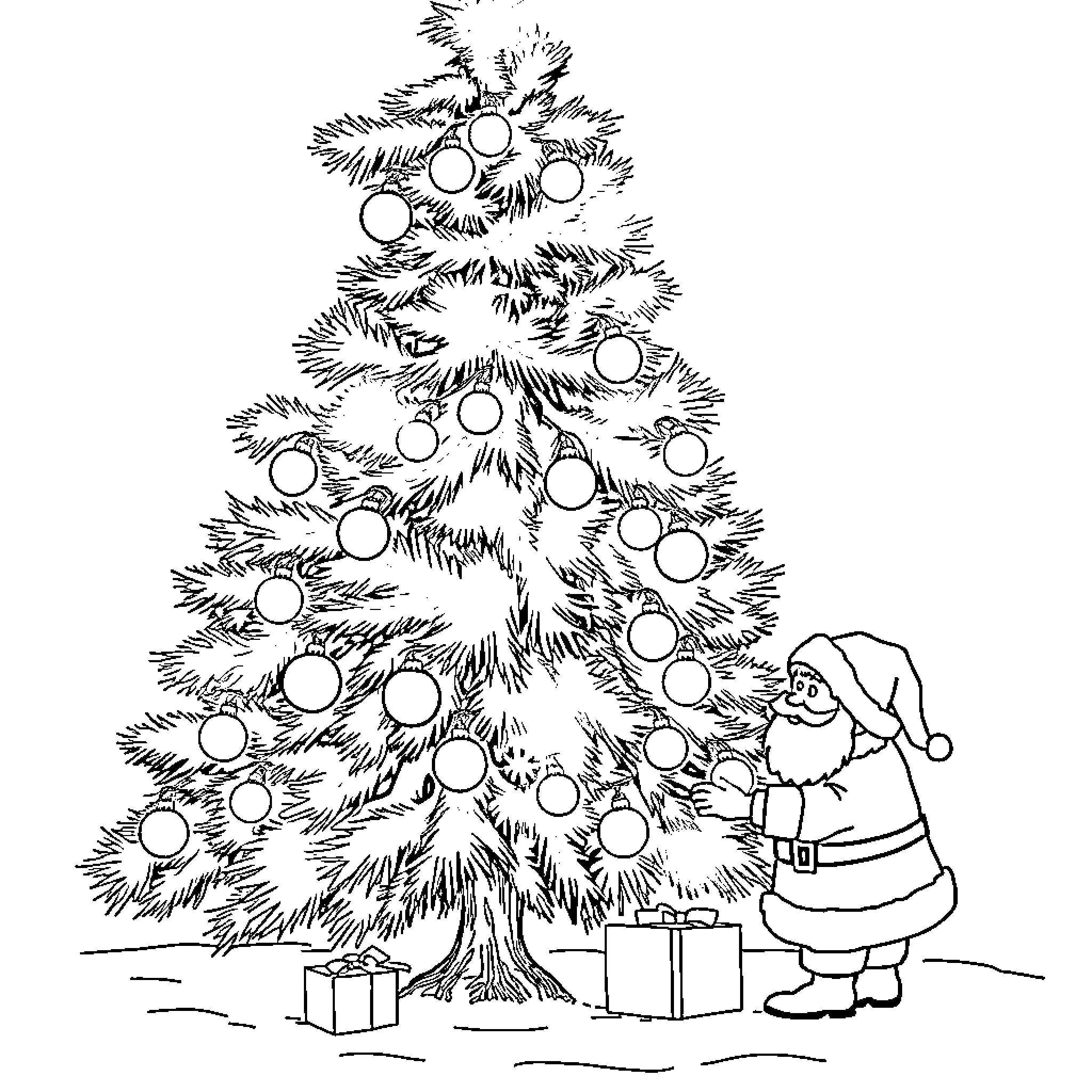 Christmas Tree with Ornaments and Santa Claus Coloring Page (free black-and-white line drawing printable PDF for all, from beginners to advanced learners, including children, teens, adults, and seniors)