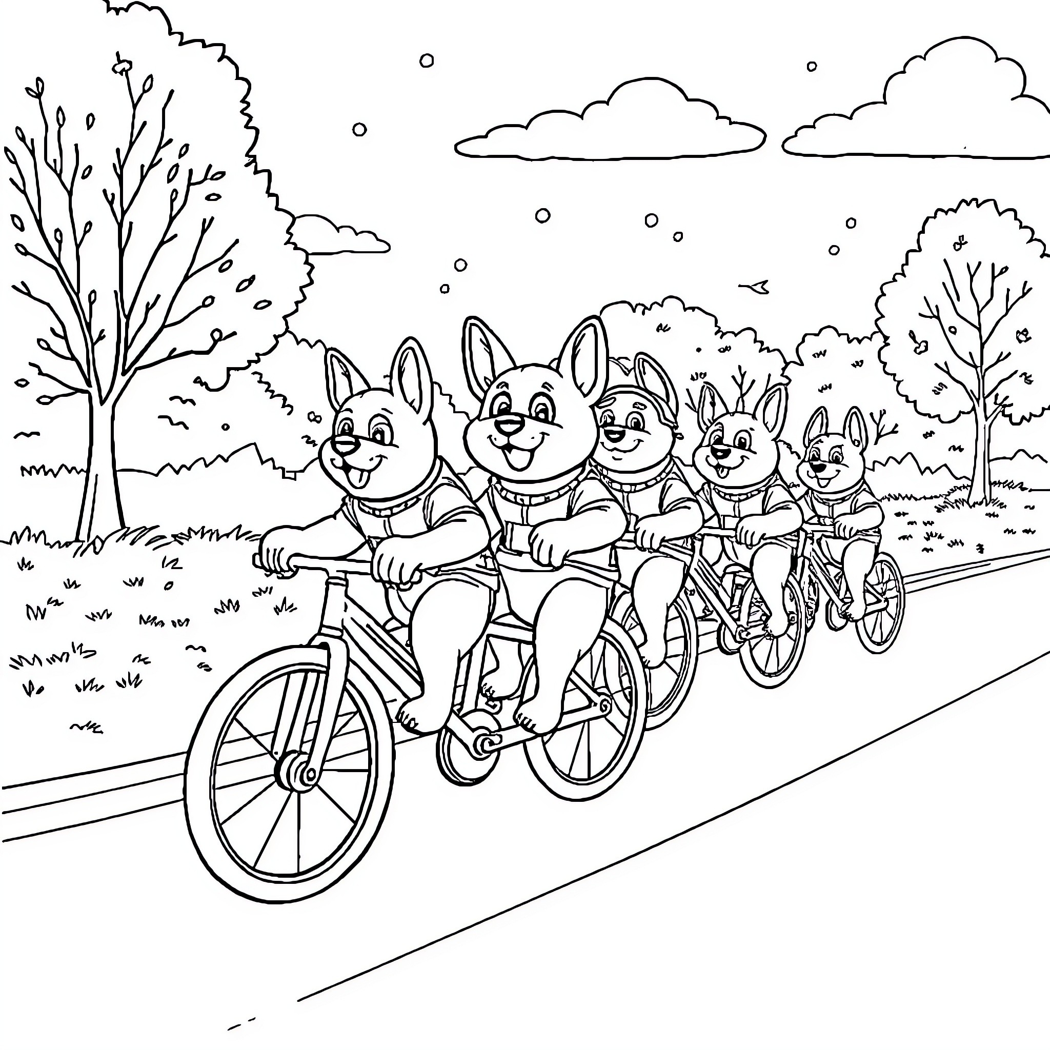 Patrol of Bunnies Cycling through the Park Coloring Page (free black-and-white line drawing printable PDF for all, from beginners to advanced learners, including children, teens, adults, and seniors)