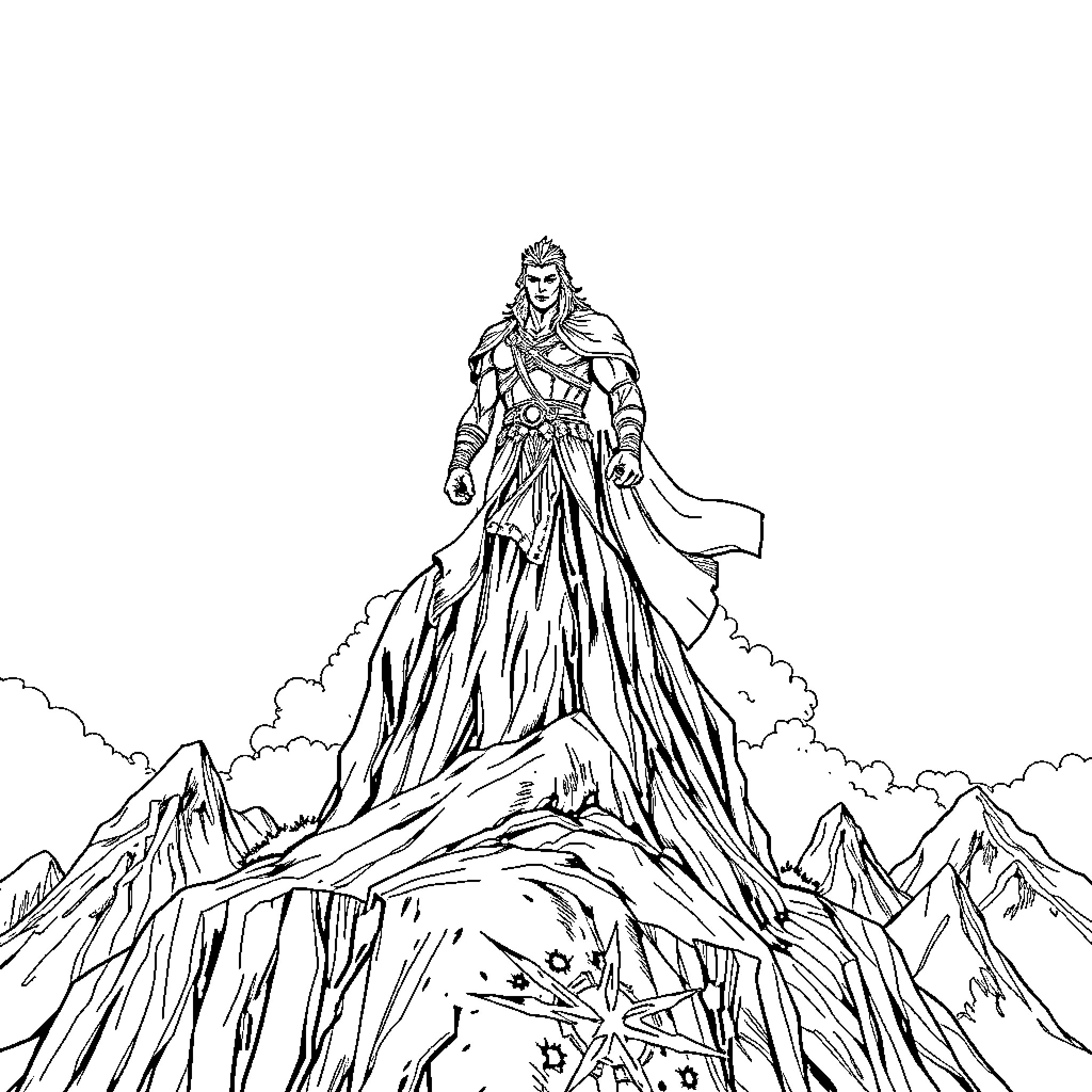 Escanor, the Prideful Sun Deity, Stands Atop the Mountainous Landscape Coloring Page (free black-and-white line drawing printable PDF for all, from beginners to advanced learners, including children, teens, adults, and seniors)