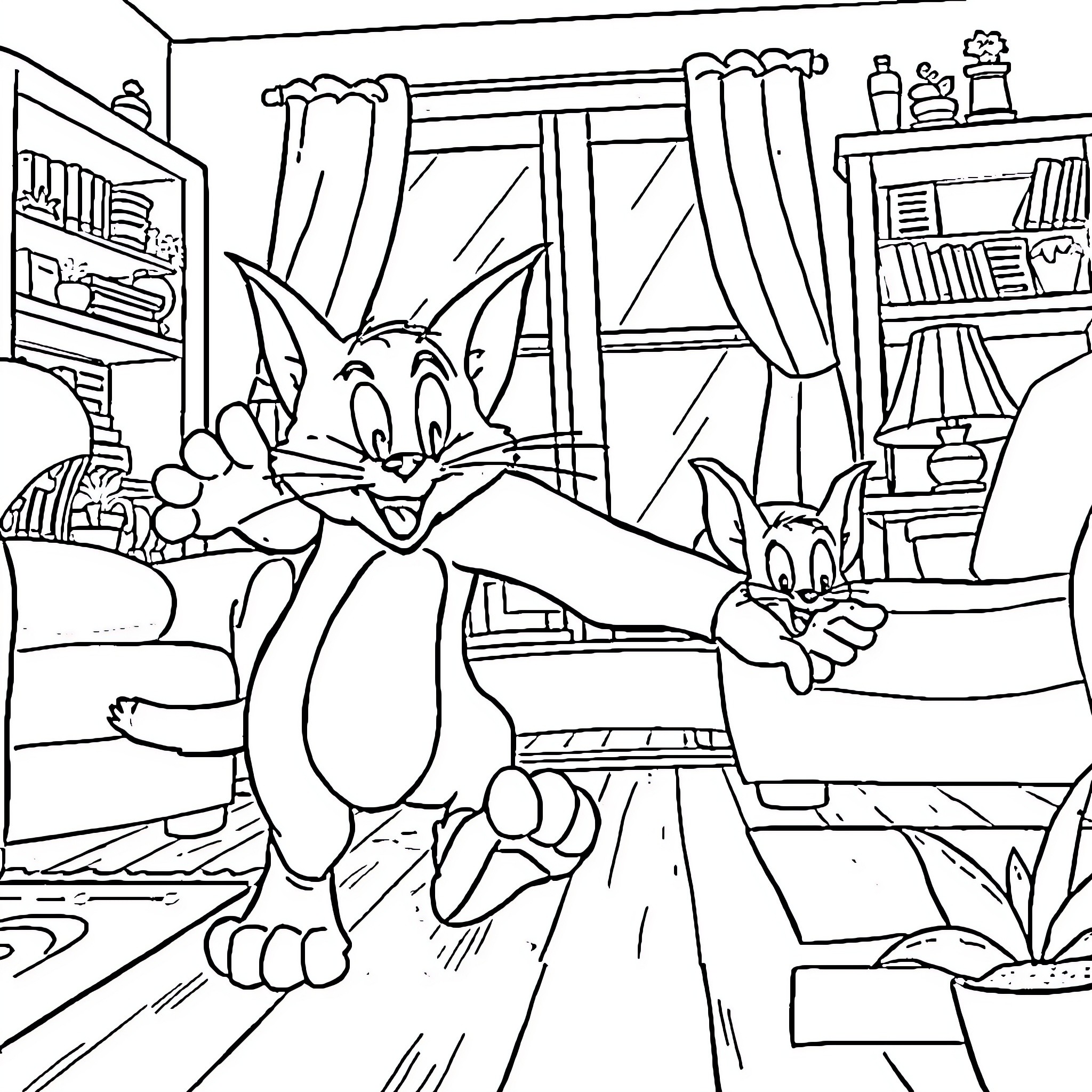 Tom and Jerry playing mischievously in the room Coloring Page (free black-and-white line drawing printable PDF for all, from beginners to advanced learners, including children, teens, adults, and seniors)