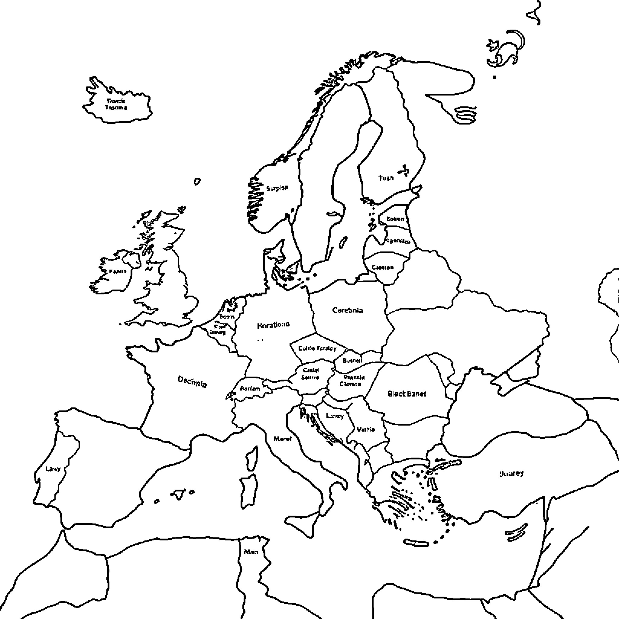 Map of countries and regions in Europe Coloring Page (free black-and-white line drawing printable PDF for all, from beginners to advanced learners, including children, teens, adults, and seniors)