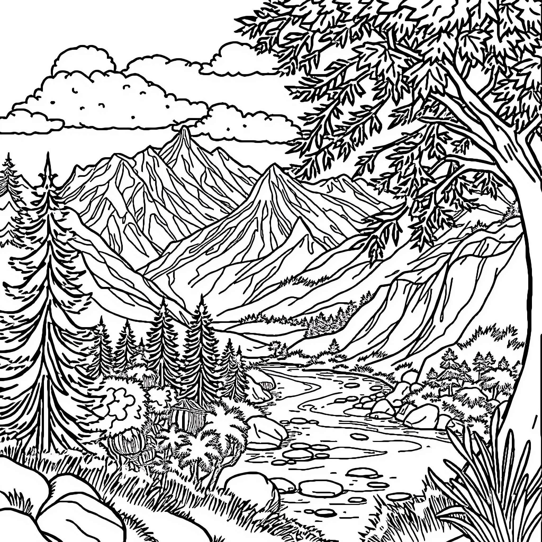 Mandala of Serene Mountain Landscape Coloring Page (free black-and-white line drawing printable PDF for all, from beginners to advanced learners, including children, teens, adults, and seniors)