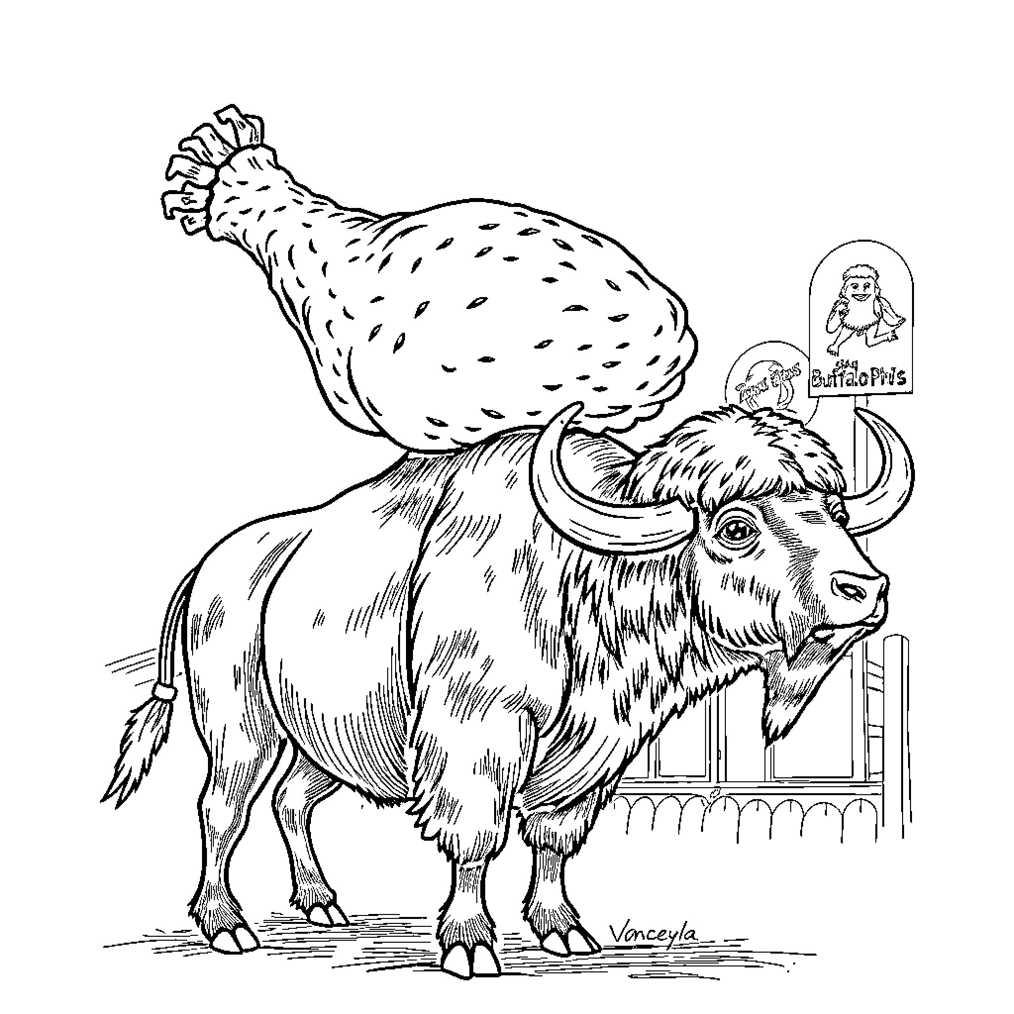 Chicken Wing Chicken Perched on a Yak Coloring Page (free black-and-white line drawing printable PDF for all, from beginners to advanced learners, including children, teens, adults, and seniors)