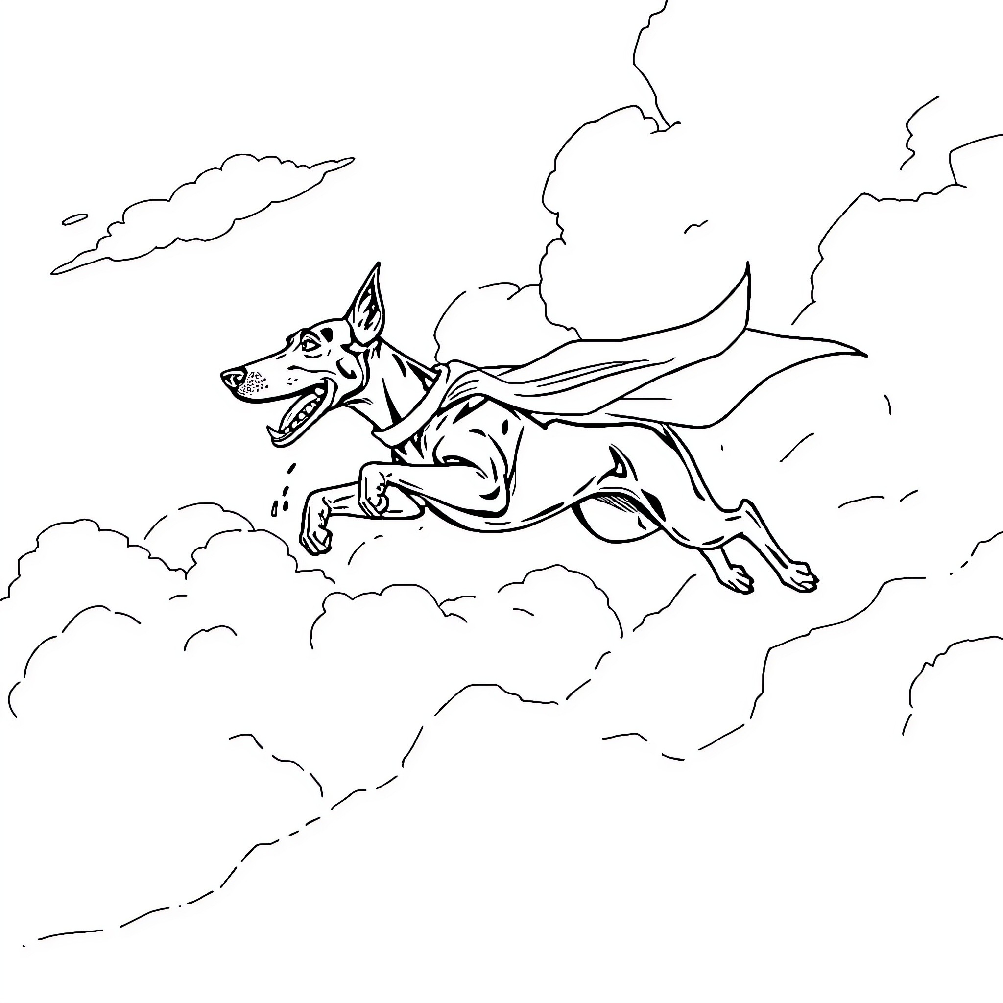 Doberman flying through the clouds Coloring Page (free black-and-white line drawing printable PDF for all, from beginners to advanced learners, including children, teens, adults, and seniors)