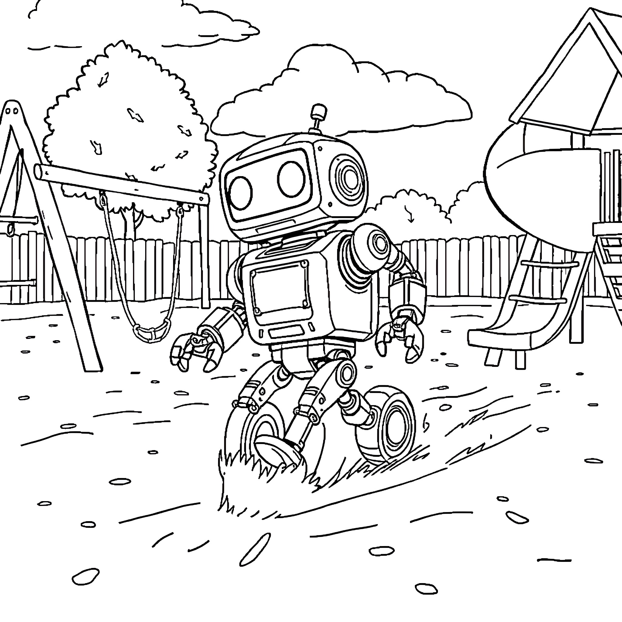 Robot Exploring Outdoor Playground Scene Coloring Page (free black-and-white line drawing printable PDF for all, from beginners to advanced learners, including children, teens, adults, and seniors)