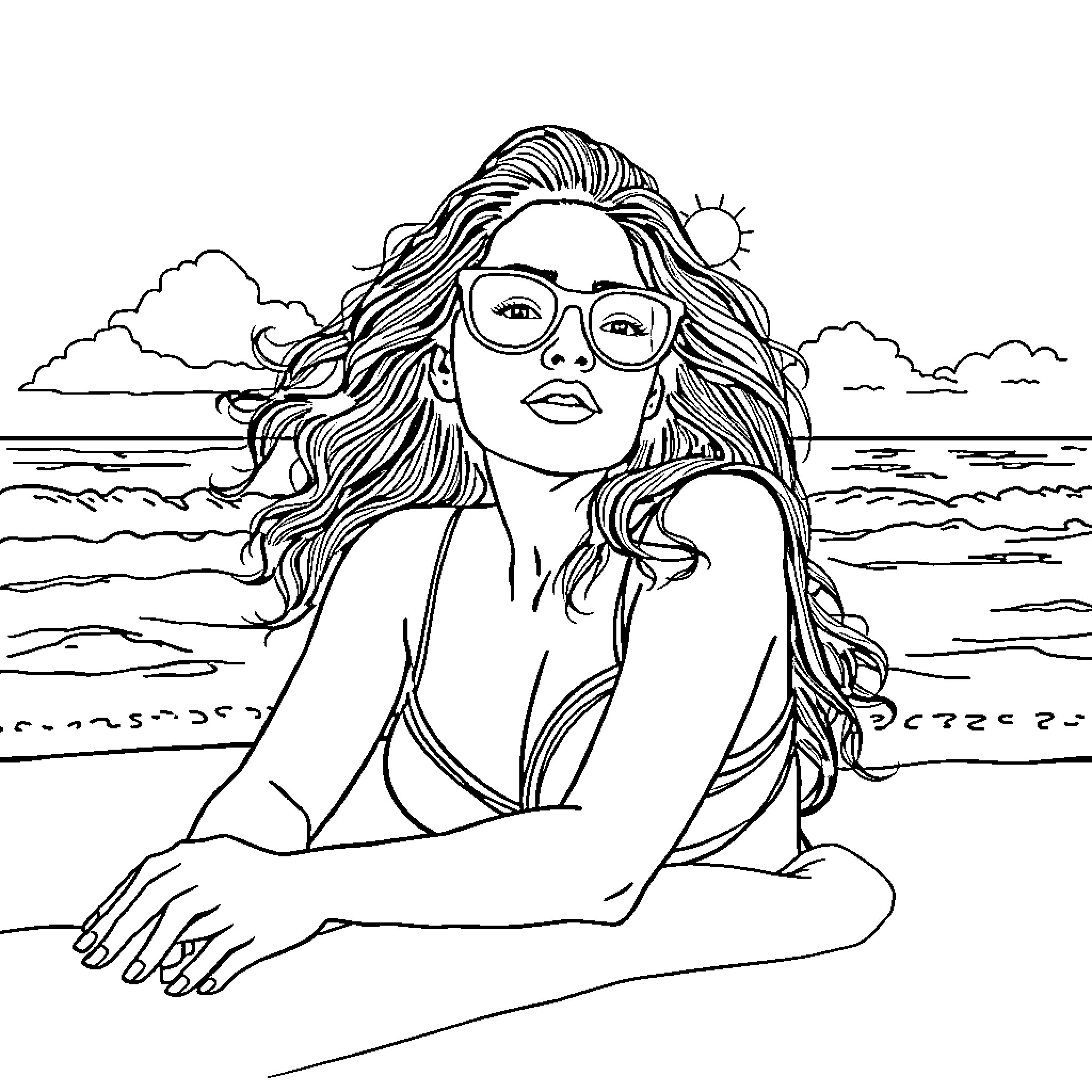 Salma Hayek relaxing on the beach Coloring Page (free black-and-white line drawing printable PDF for all, from beginners to advanced learners, including children, teens, adults, and seniors)