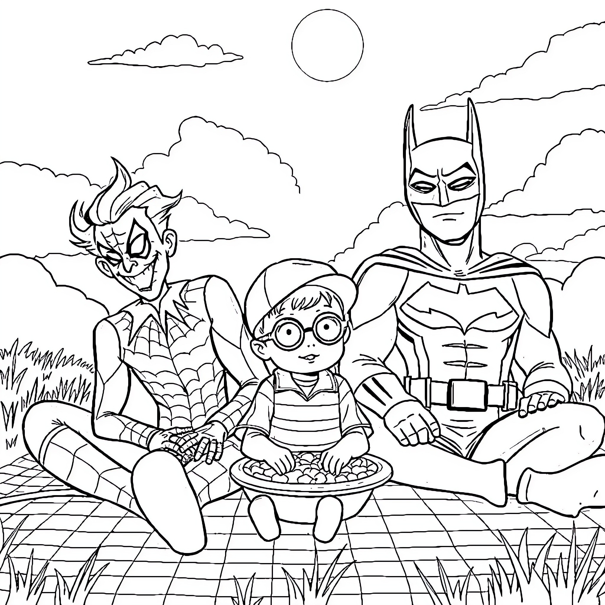 Joker, Spider-Man, and Batman enjoying a picnic Coloring Page (free black-and-white line drawing printable PDF for all, from beginners to advanced learners, including children, teens, adults, and seniors)