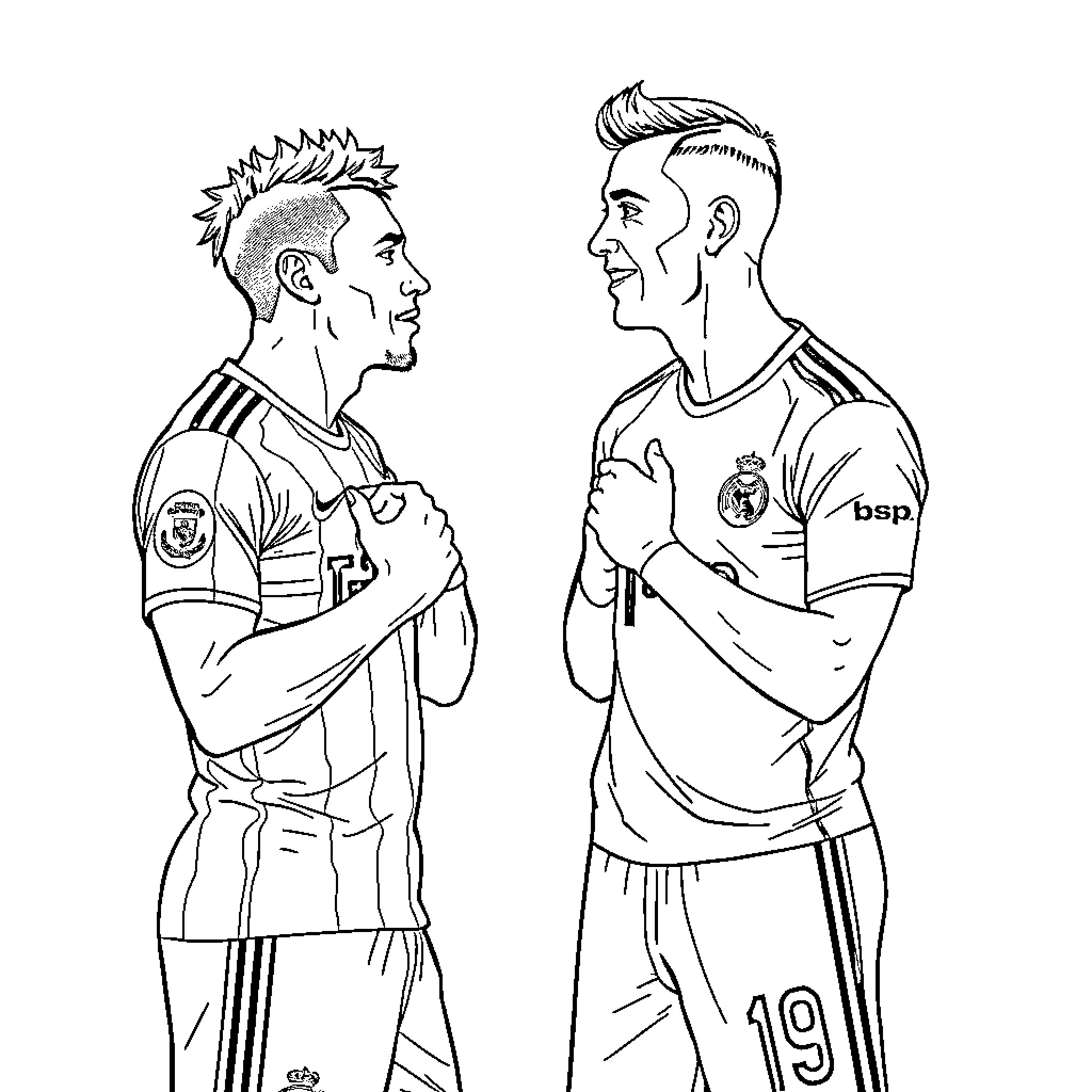 Neymar and Ronaldo in soccer jerseys Coloring Page (free black-and-white line drawing printable PDF for all, from beginners to advanced learners, including children, teens, adults, and seniors)