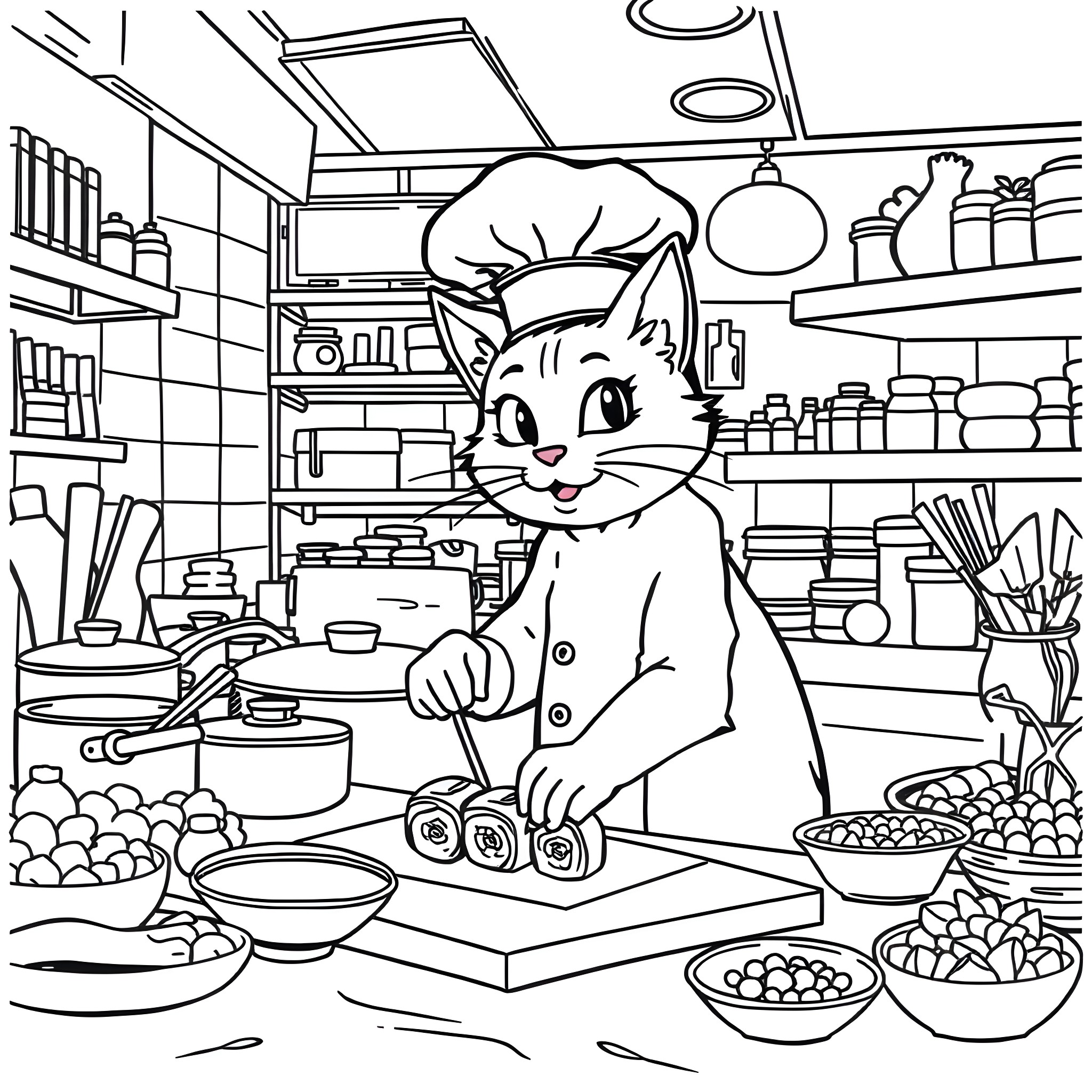 Cat chef cooking in a kitchen Coloring Page (free black-and-white line drawing printable PDF for all, from beginners to advanced learners, including children, teens, adults, and seniors)