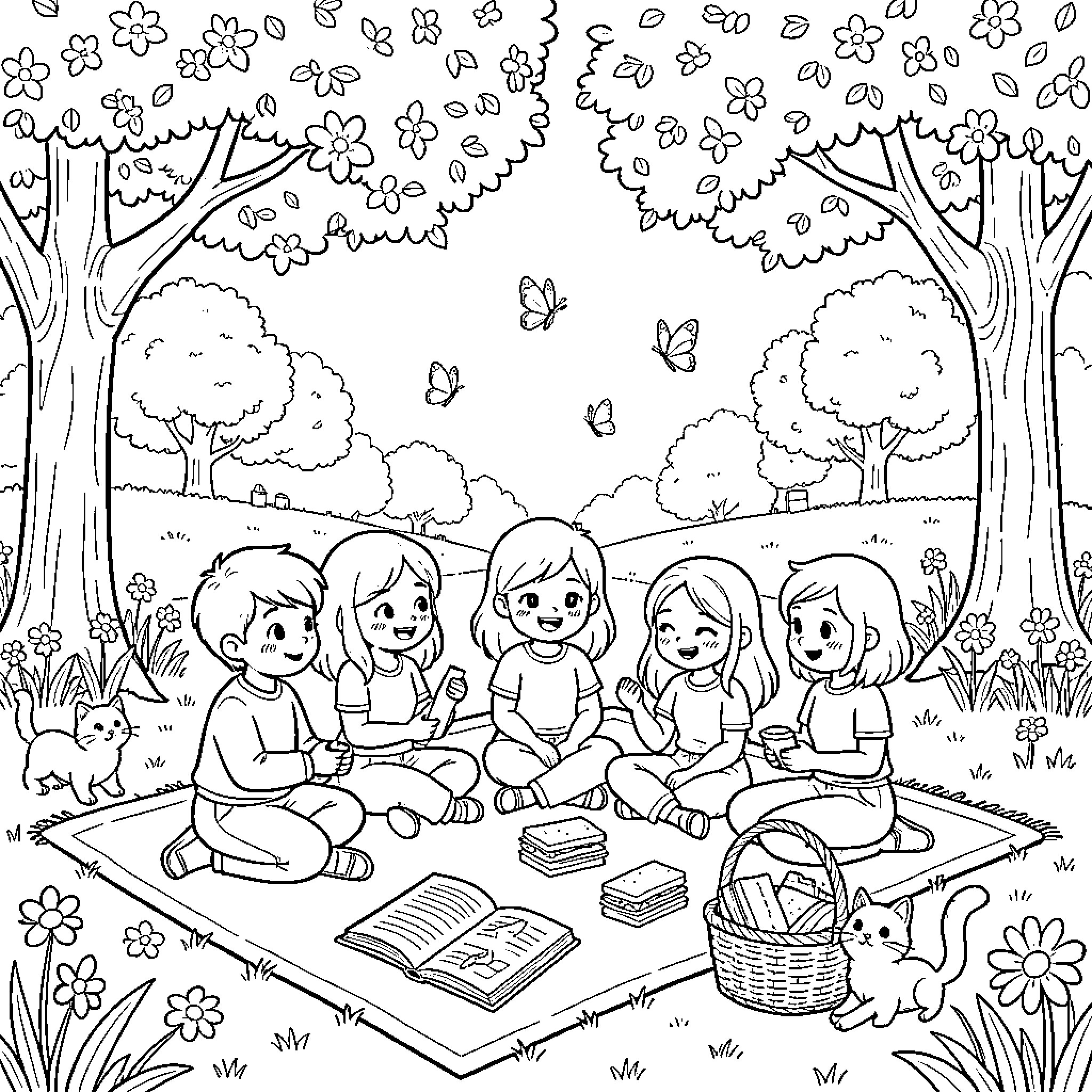 Friends sitting on a picnic blanket in nature Coloring Page (free black-and-white line drawing printable PDF for all, from beginners to advanced learners, including children, teens, adults, and seniors)