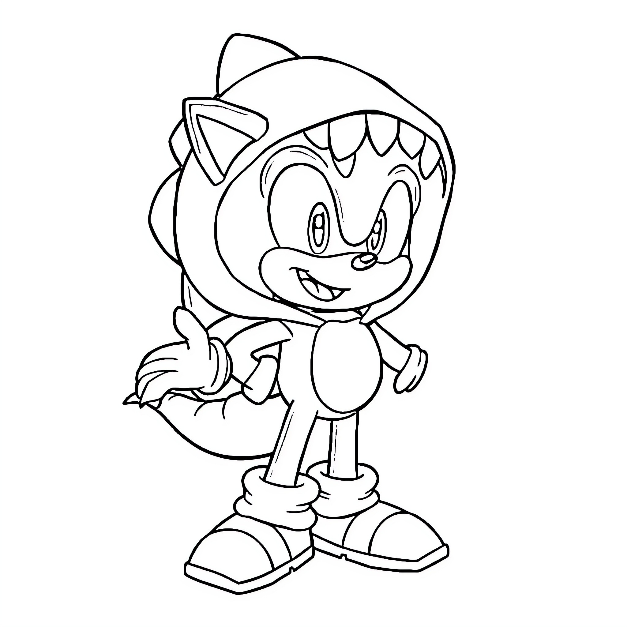 Sonic character in action pose with sharp teeth Coloring Page (free black-and-white line drawing printable PDF for all, from beginners to advanced learners, including children, teens, adults, and seniors)