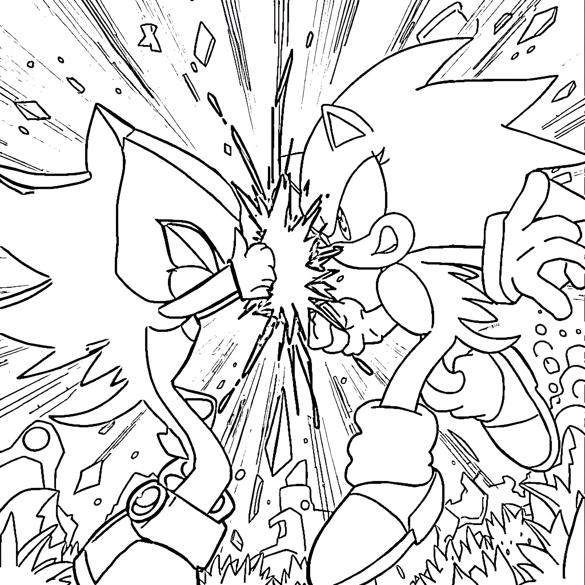 Shadow Clash of Fantastical Creatures Coloring Page (free black-and-white line drawing printable PDF for all, from beginners to advanced learners, including children, teens, adults, and seniors)