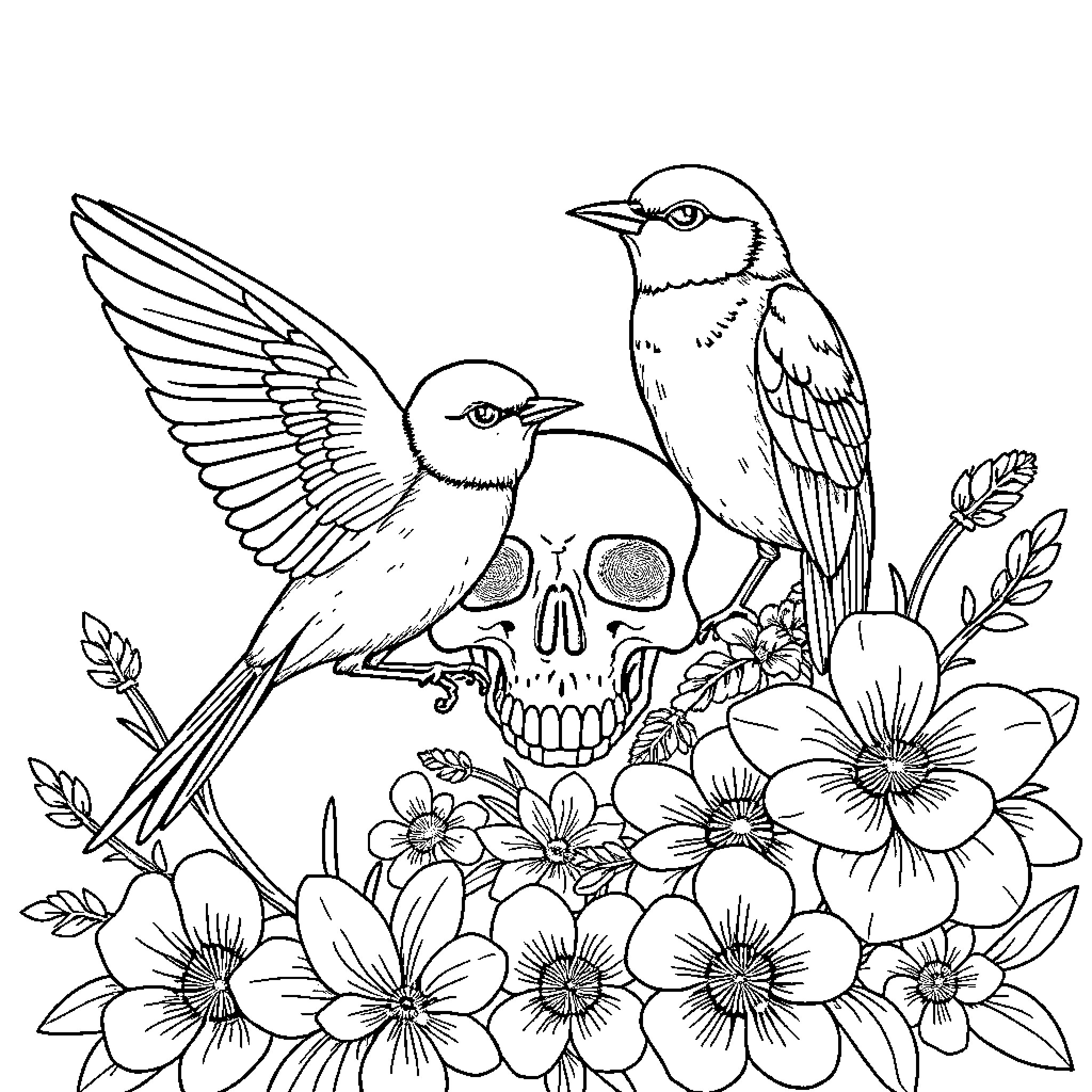 Bird Perching on Skull Among Flowers Coloring Page (free black-and-white line drawing printable PDF for all, from beginners to advanced learners, including children, teens, adults, and seniors)