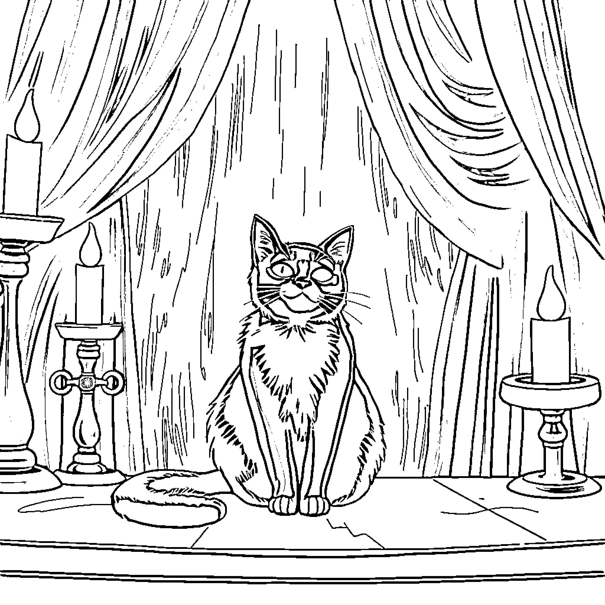 Cat sitting in a dimly lit room Coloring Page (free black-and-white line drawing printable PDF for all, from beginners to advanced learners, including children, teens, adults, and seniors)