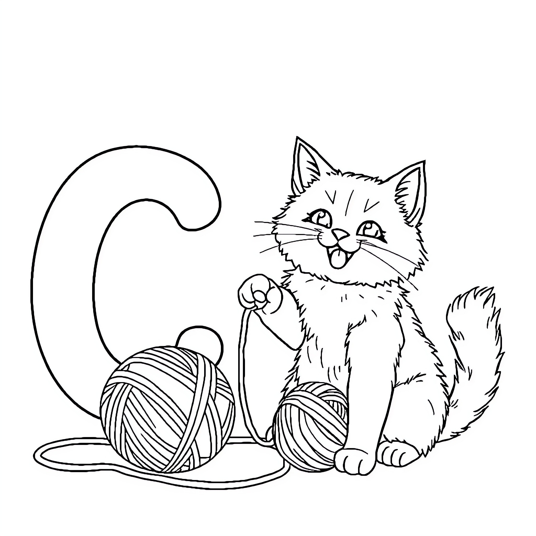 Cat playing with yarn balls Coloring Page (free black-and-white line drawing printable PDF for all, from beginners to advanced learners, including children, teens, adults, and seniors)