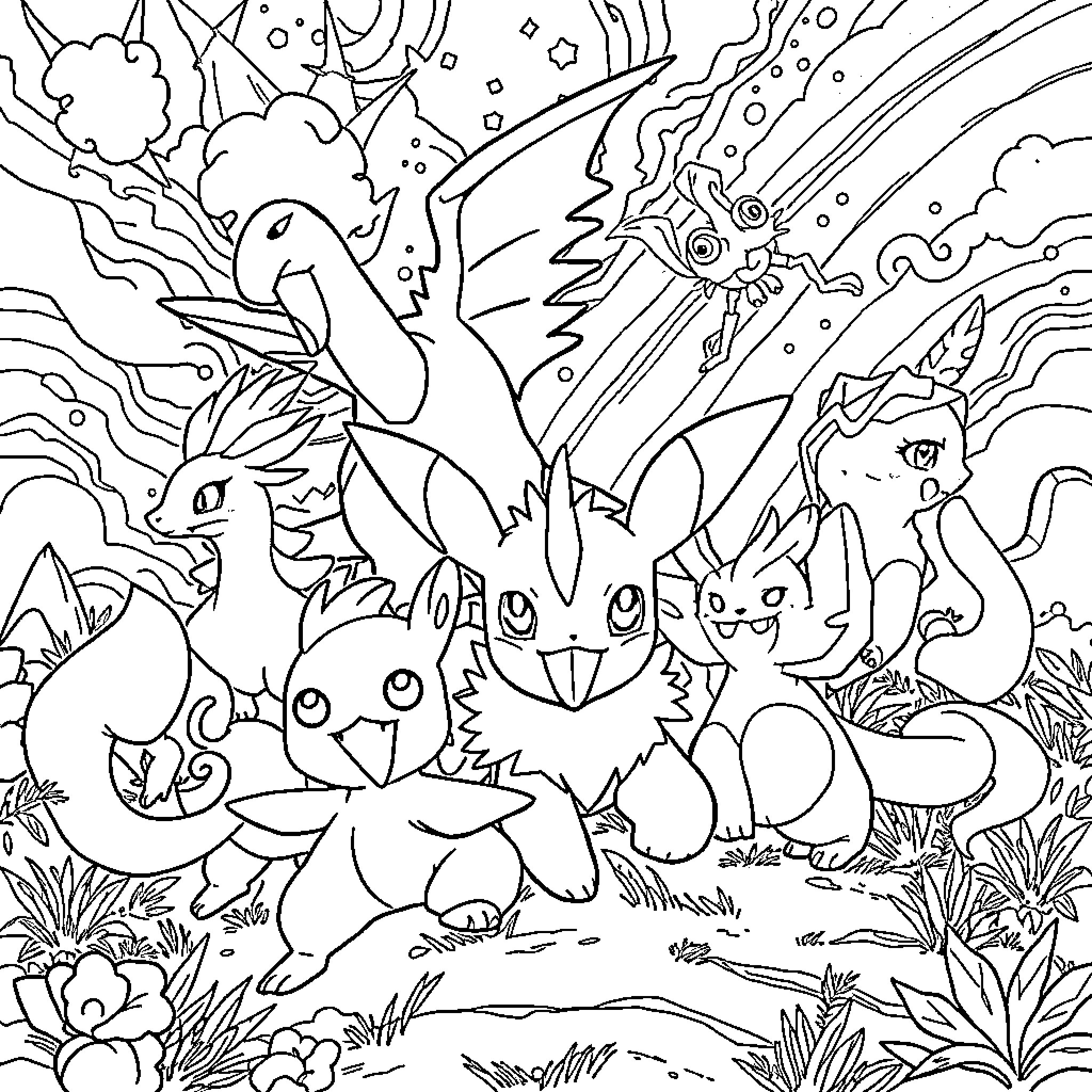 Pokémon Gathering in Fantastical Landscape Coloring Page (free black-and-white line drawing printable PDF for all, from beginners to advanced learners, including children, teens, adults, and seniors)