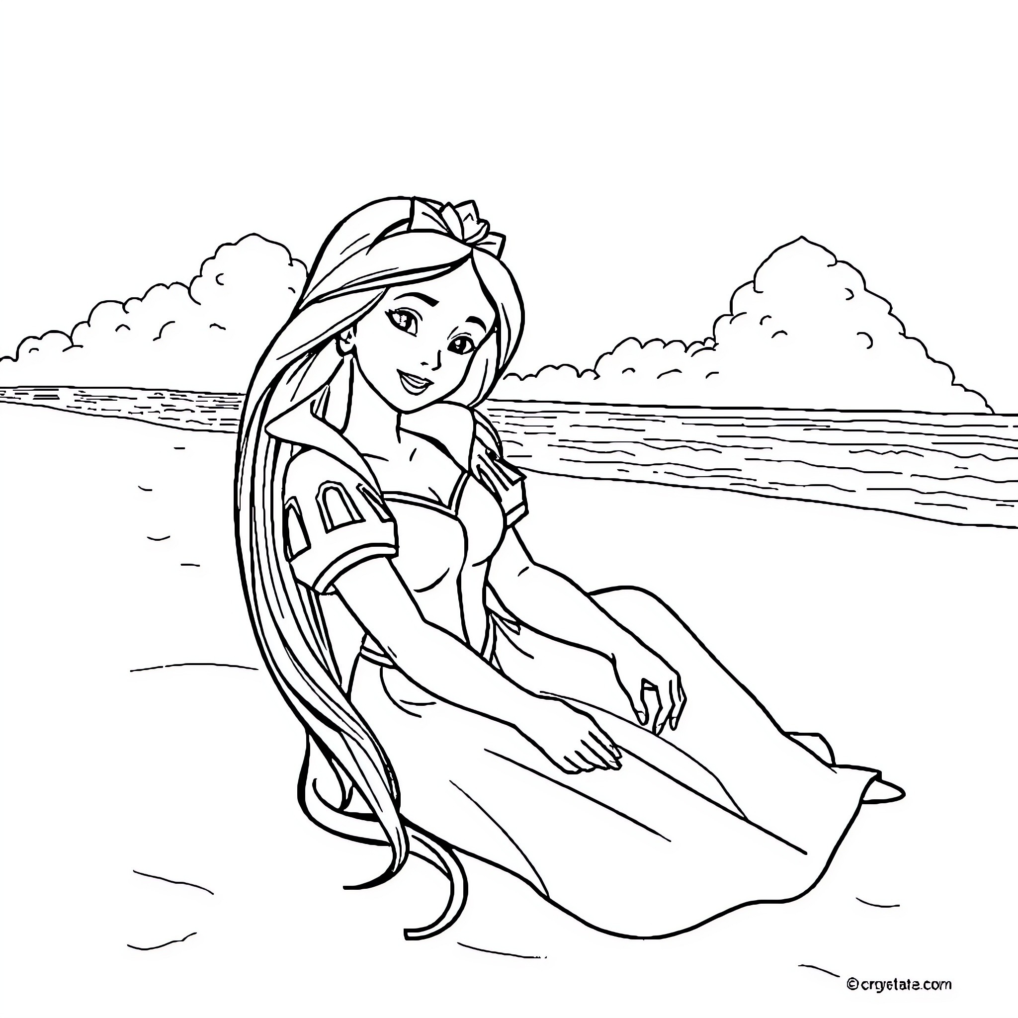Snow White relaxing on the beach Coloring Page (free black-and-white line drawing printable PDF for all, from beginners to advanced learners, including children, teens, adults, and seniors)