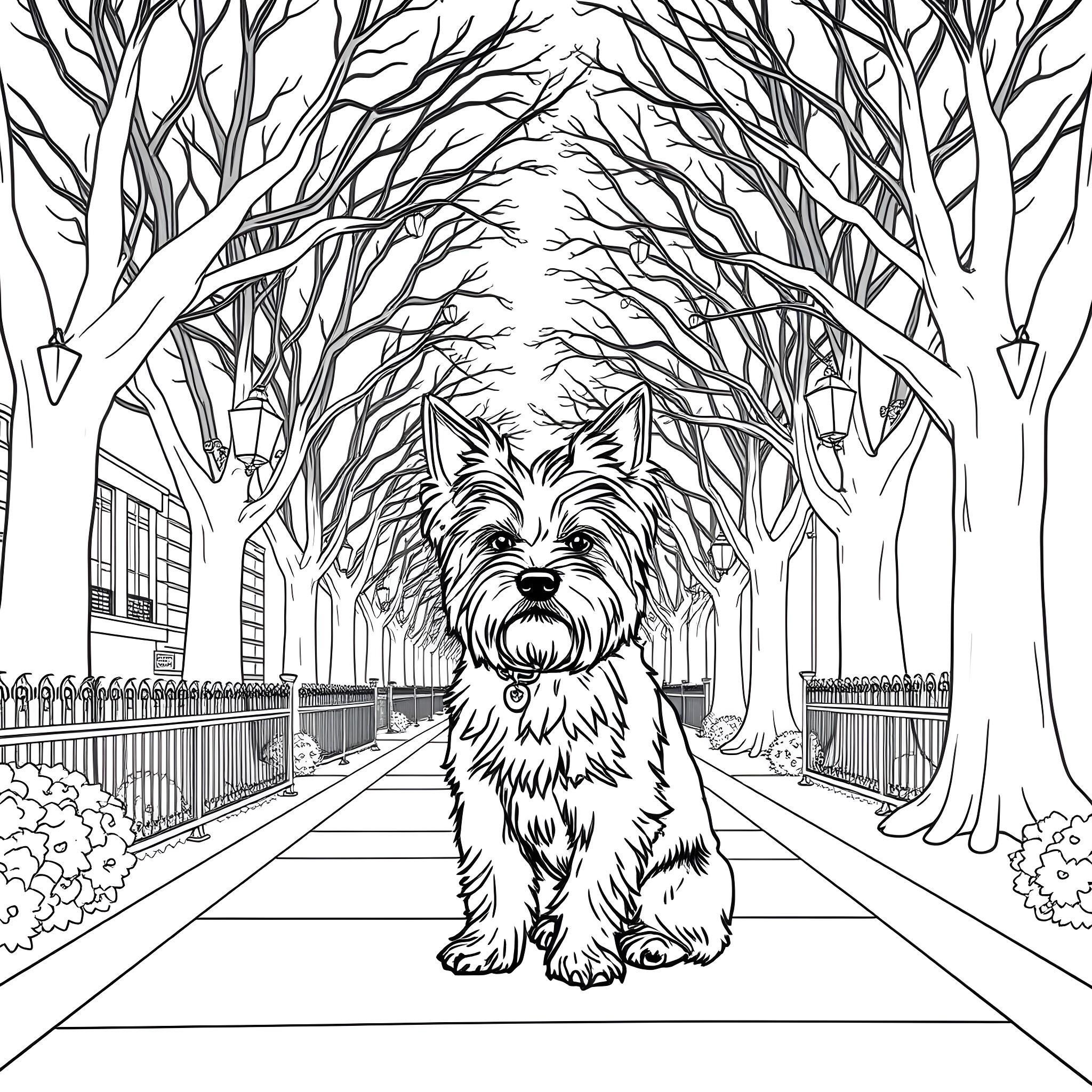 Yorkshire Terrier exploring the enchanting forest path Coloring Page (free black-and-white line drawing printable PDF for all, from beginners to advanced learners, including children, teens, adults, and seniors)