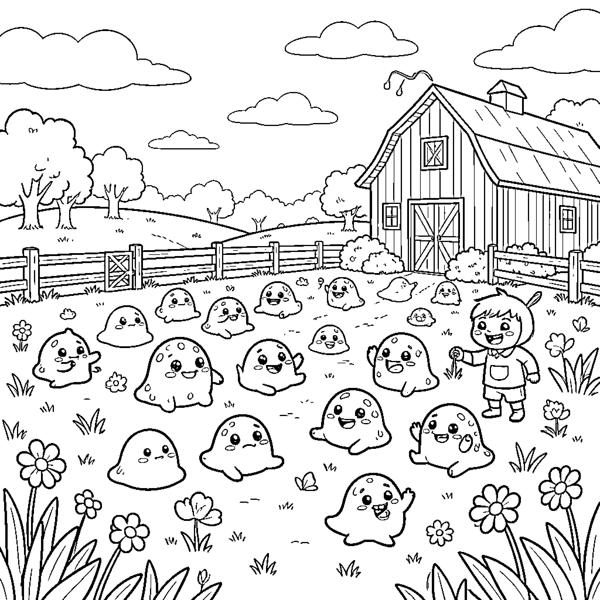 Slime characters playing happily in a farm field Coloring Page (free black-and-white line drawing printable PDF for all, from beginners to advanced learners, including children, teens, adults, and seniors)
