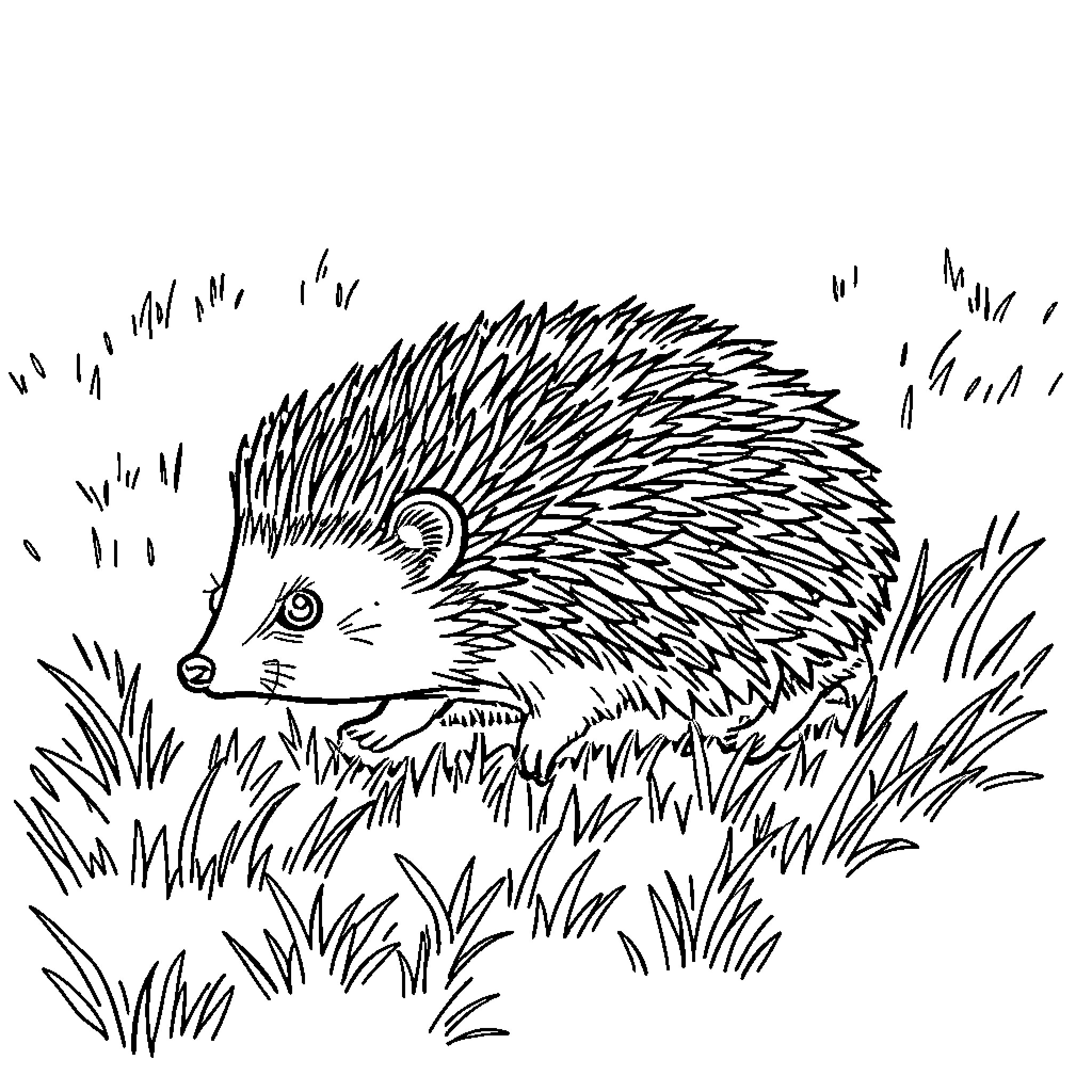 Hedgehog curiously exploring the grass Coloring Page (free black-and-white line drawing printable PDF for all, from beginners to advanced learners, including children, teens, adults, and seniors)