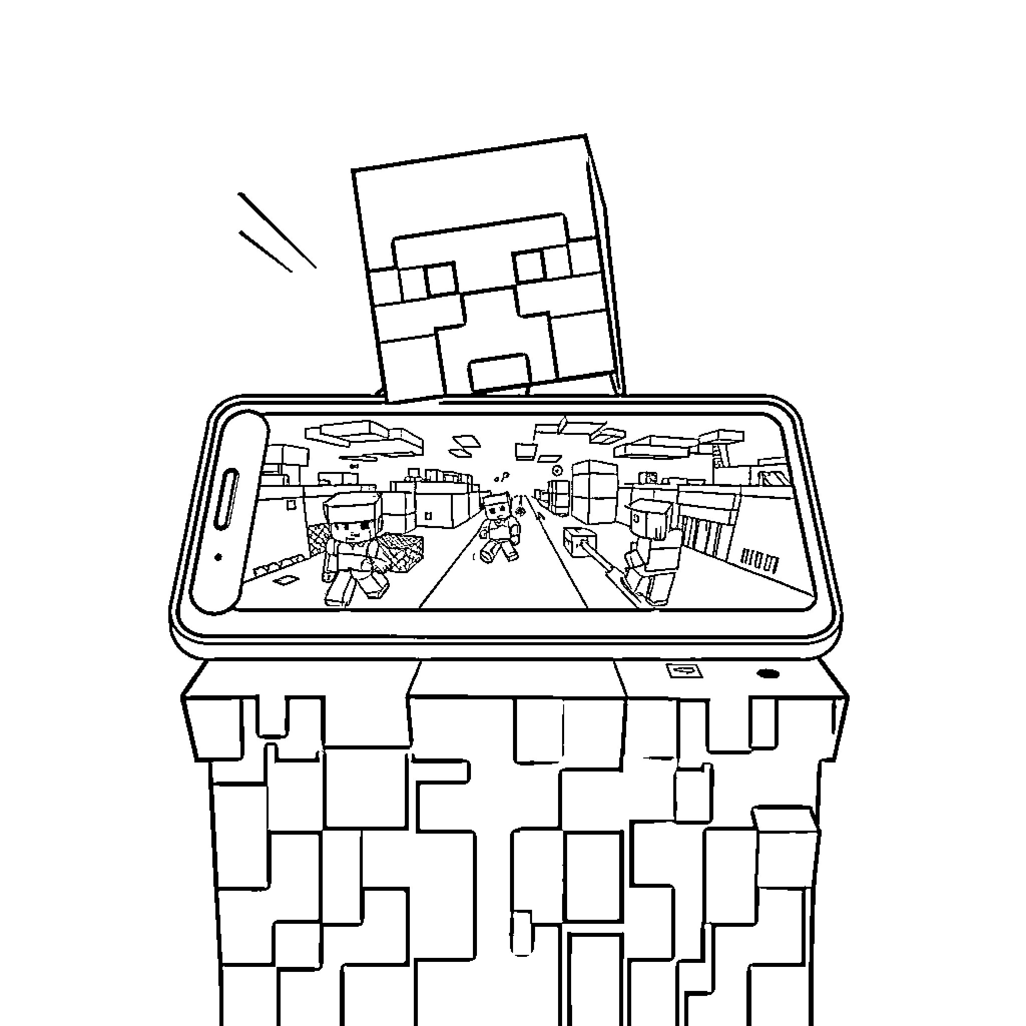 Minecraft characters exploring a blocky virtual world Coloring Page (free black-and-white line drawing printable PDF for all, from beginners to advanced learners, including children, teens, adults, and seniors)
