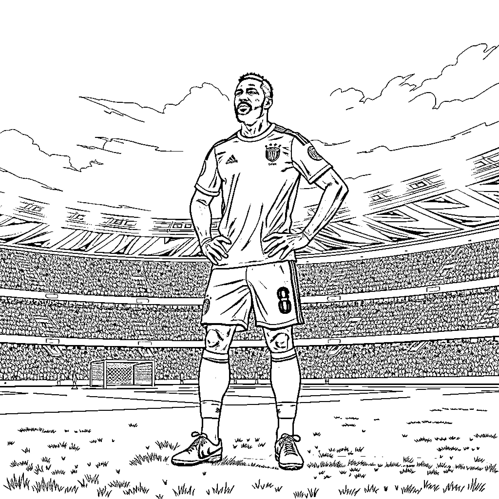 Drogba proudly standing on the field in uniform Coloring Page (free black-and-white line drawing printable PDF for all, from beginners to advanced learners, including children, teens, adults, and seniors)