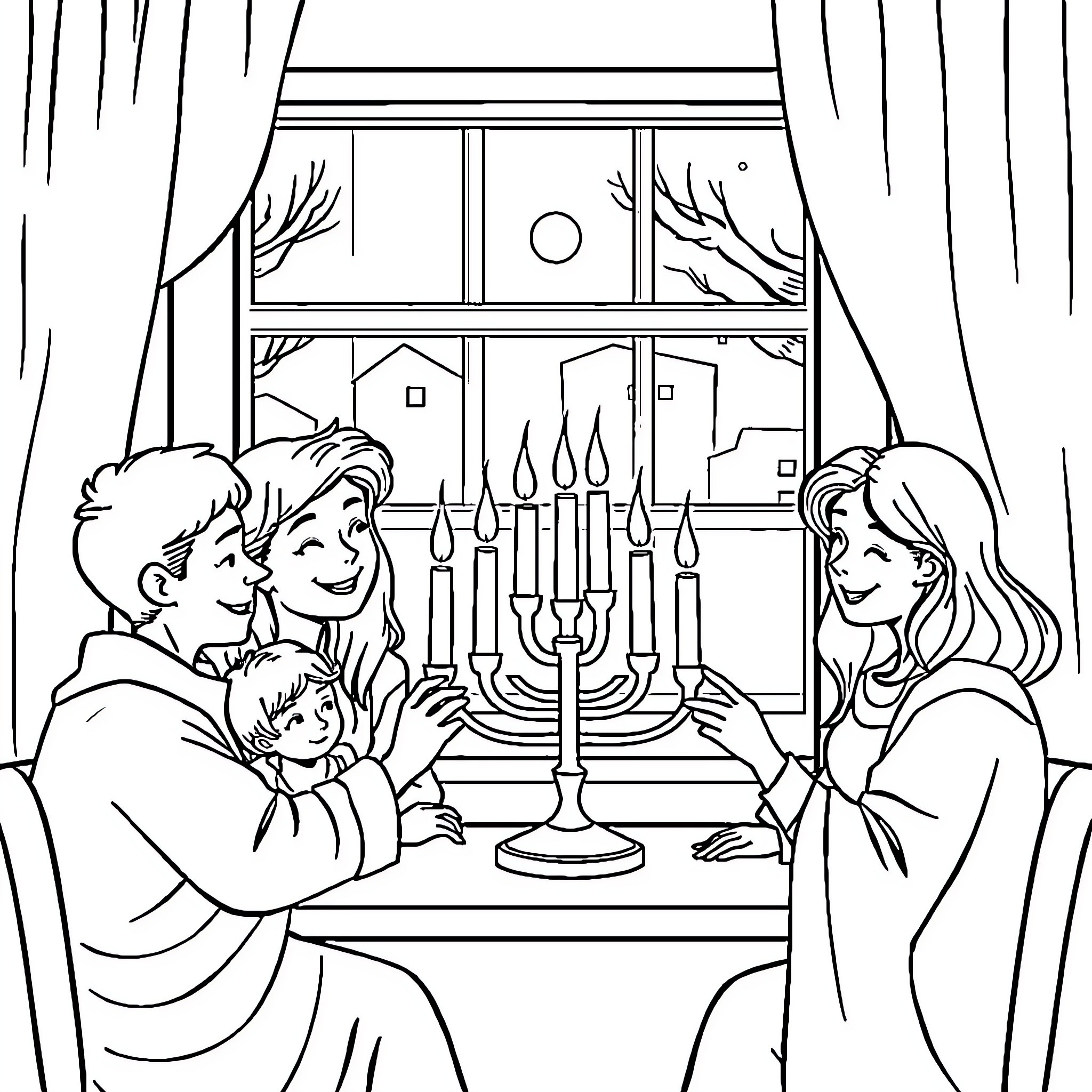 Menorah lighting celebration with family Coloring Page (free black-and-white line drawing printable PDF for all, from beginners to advanced learners, including children, teens, adults, and seniors)