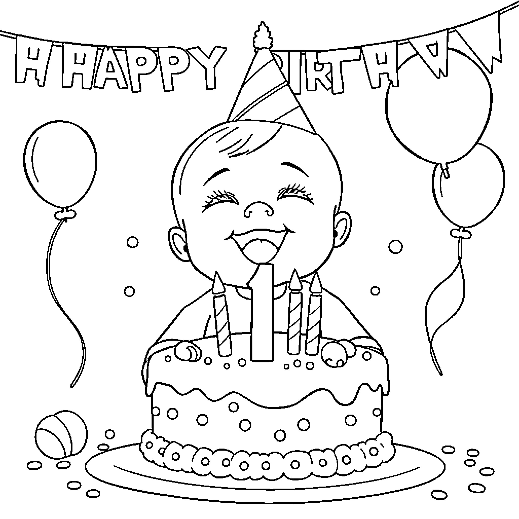 Baby celebrating happy birthday with cake and balloons Coloring Page (free black-and-white line drawing printable PDF for all, from beginners to advanced learners, including children, teens, adults, and seniors)