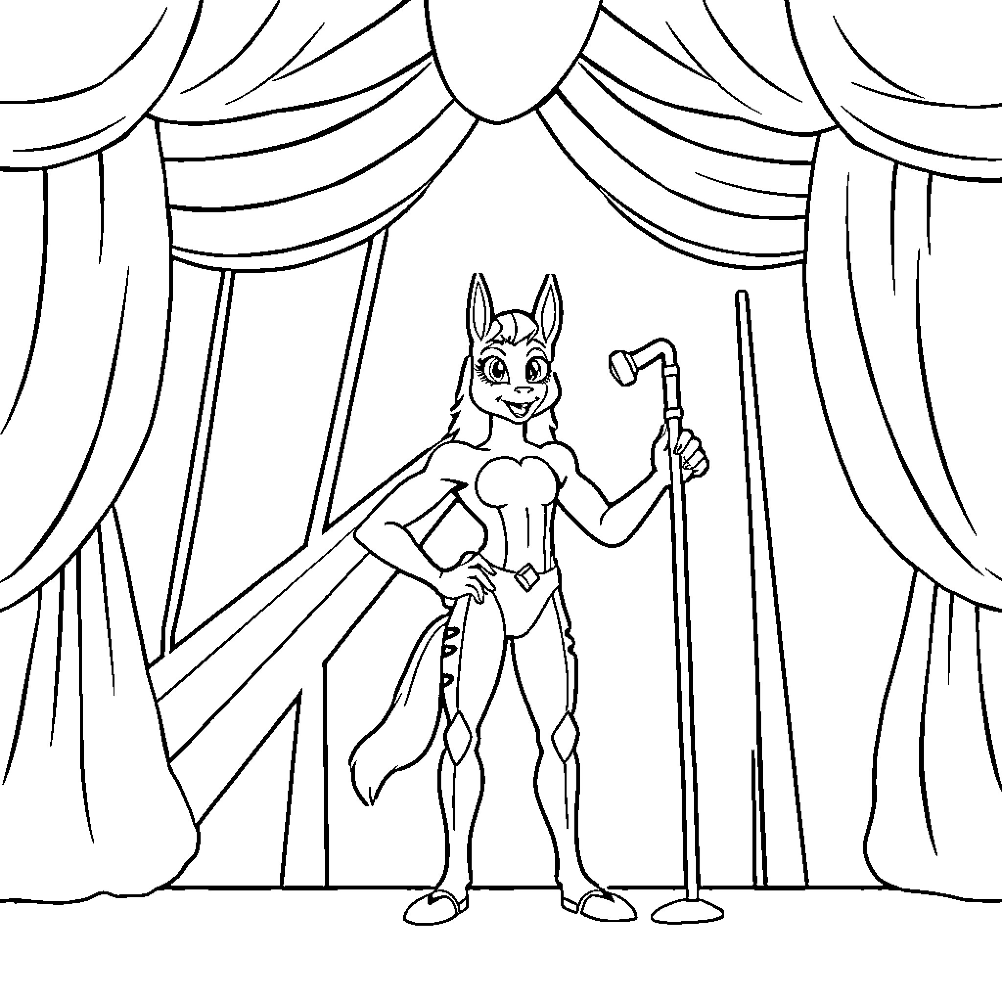 Huntrix Performs on Stage Coloring Page (free black-and-white line drawing printable PDF for all, from beginners to advanced learners, including children, teens, adults, and seniors)