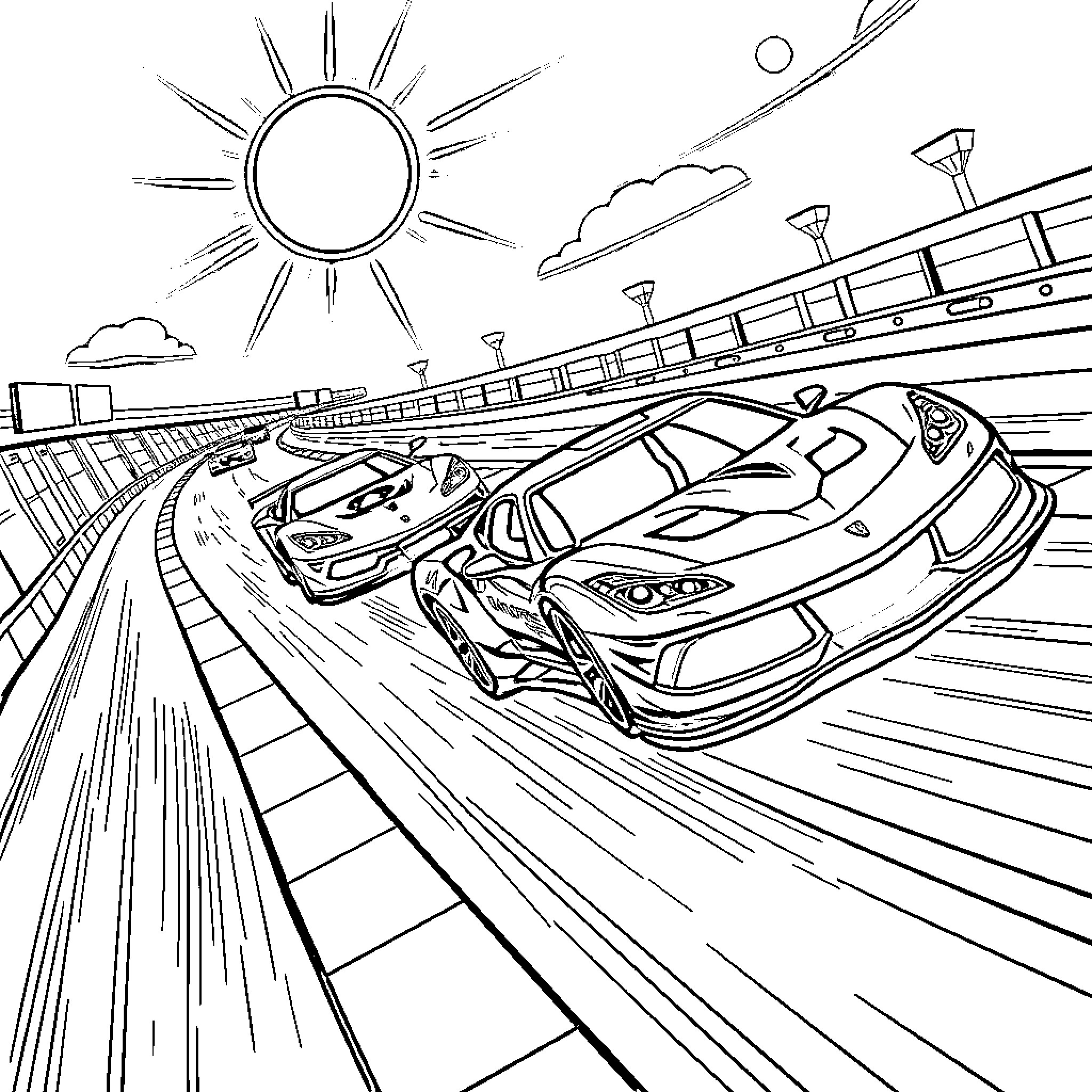 Hotwheels racing cars on racetrack in the sun Coloring Page (free black-and-white line drawing printable PDF for all, from beginners to advanced learners, including children, teens, adults, and seniors)
