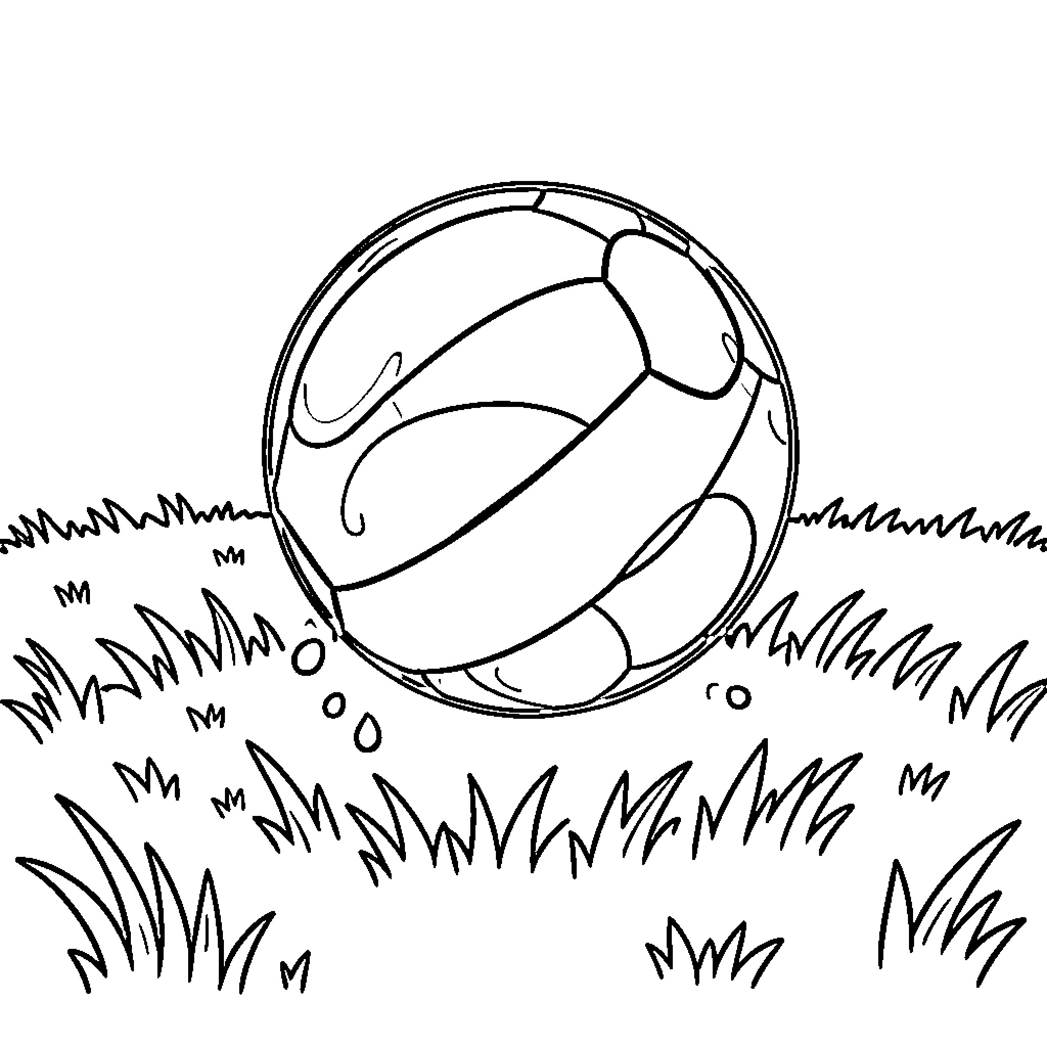 Ball bouncing playfully on grass field Coloring Page (free black-and-white line drawing printable PDF for all, from beginners to advanced learners, including children, teens, adults, and seniors)