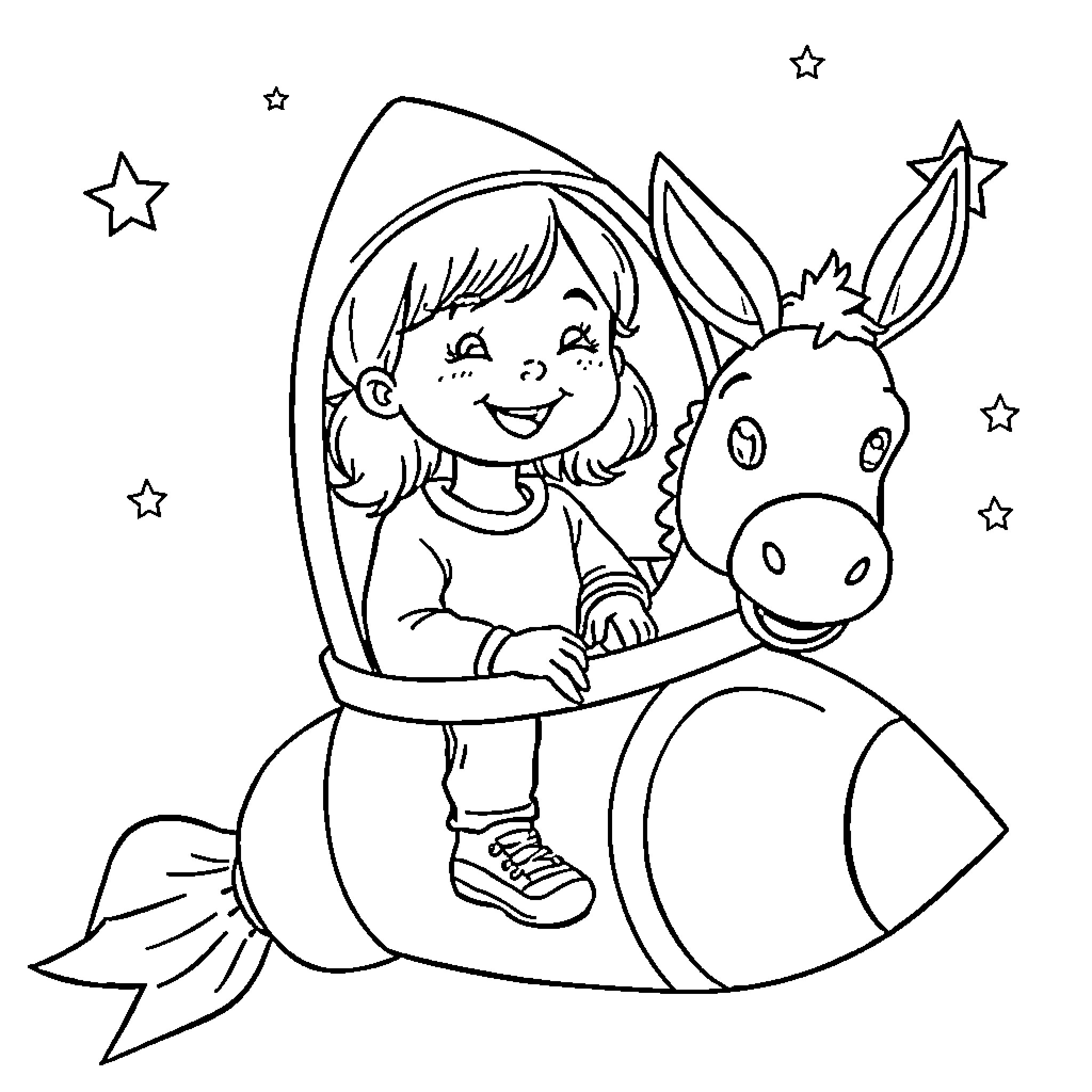 Donkey carrying happy girl under the stars Coloring Page (free black-and-white line drawing printable PDF for all, from beginners to advanced learners, including children, teens, adults, and seniors)
