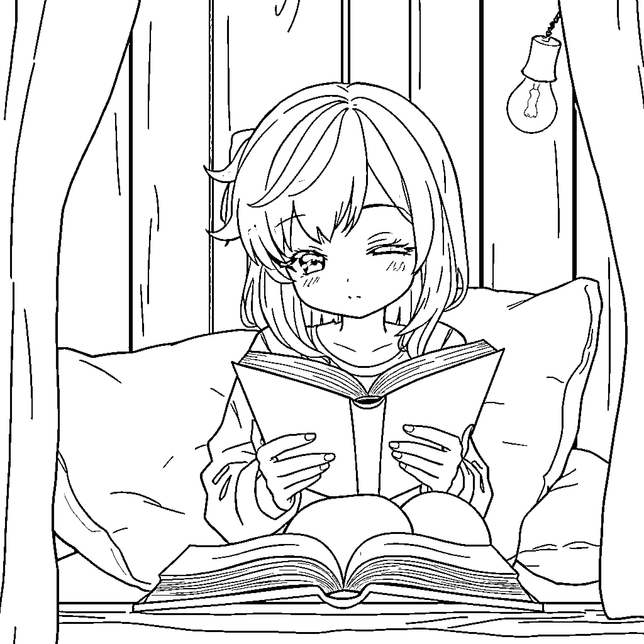 Anime Girl Engrossed in Reading Books at Night Coloring Page (free black-and-white line drawing printable PDF for all, from beginners to advanced learners, including children, teens, adults, and seniors)
