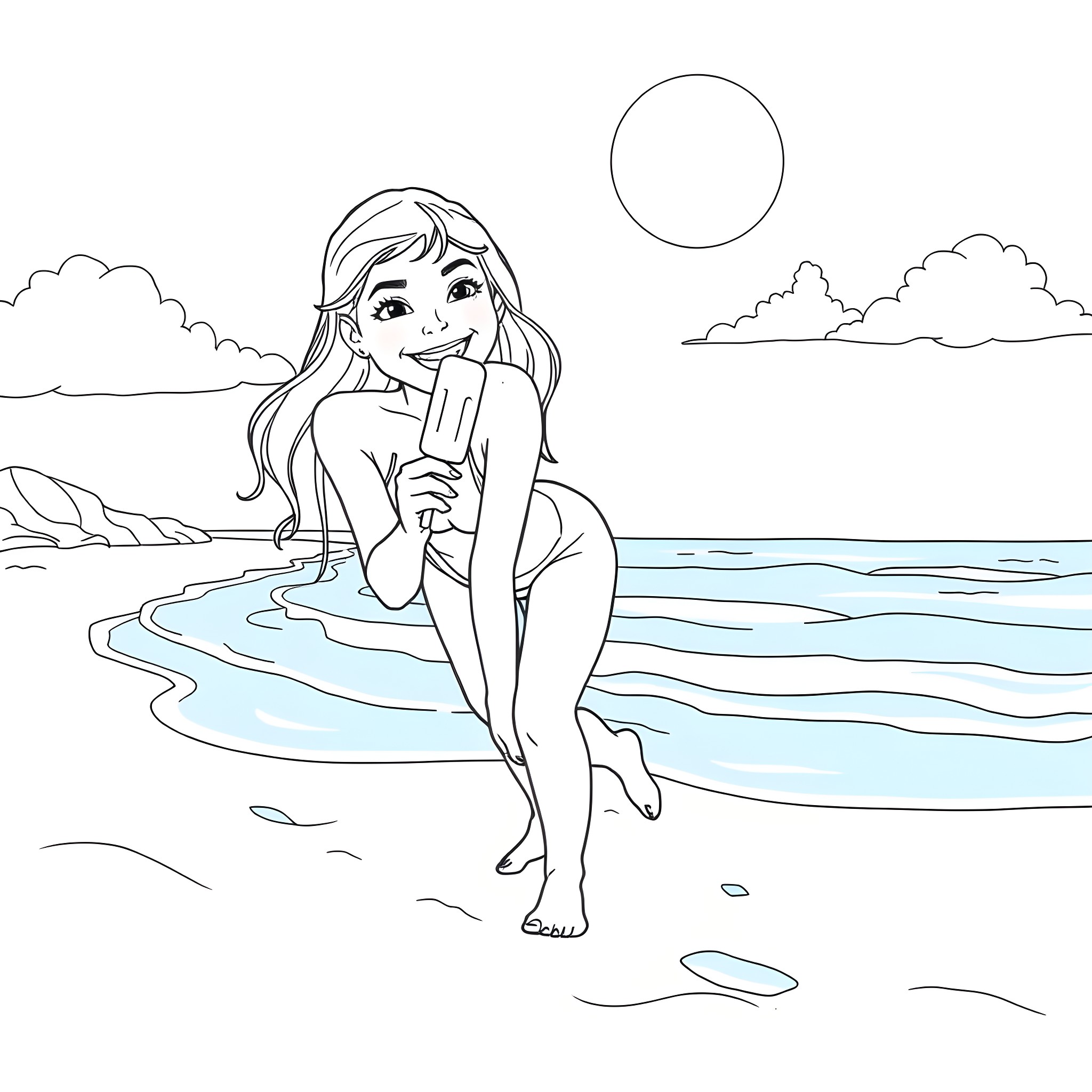Sarah Houchens enjoying a summer day by the beach Coloring Page (free black-and-white line drawing printable PDF for all, from beginners to advanced learners, including children, teens, adults, and seniors)