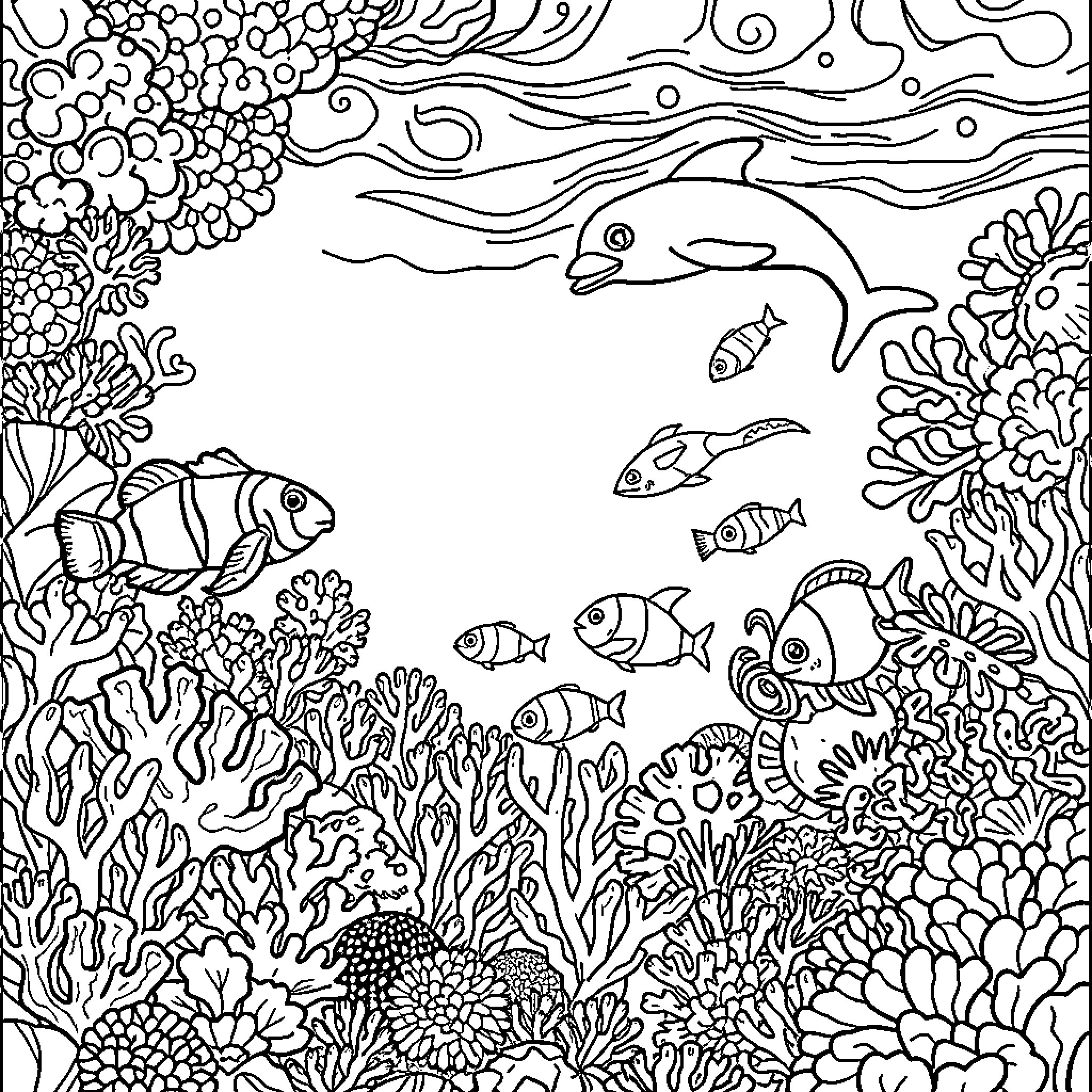 Sea Creature Underwater Habitat with Diverse Marine Life Coloring Page (free black-and-white line drawing printable PDF for all, from beginners to advanced learners, including children, teens, adults, and seniors)