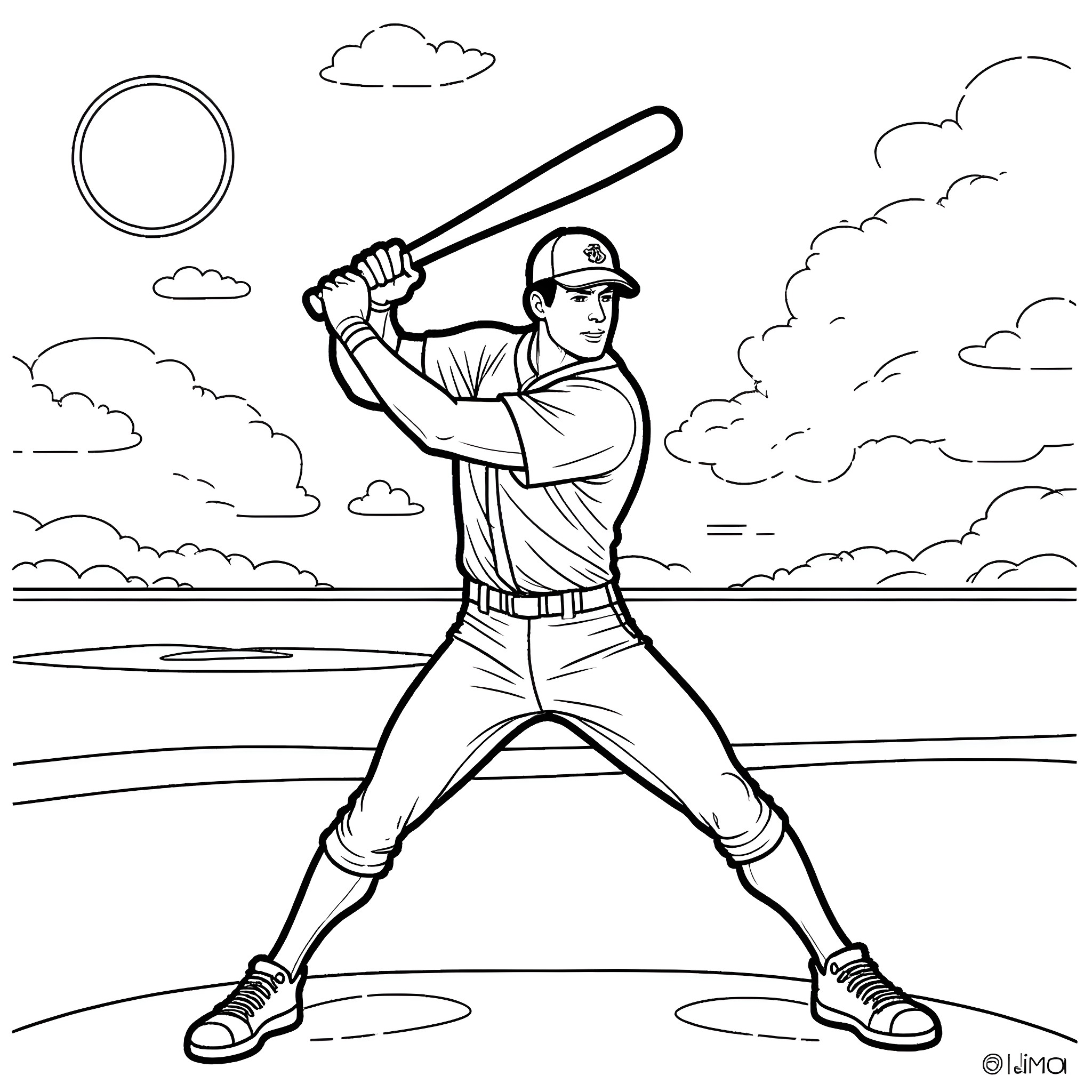 Superman Baseball Player Batting in the Cloudy Sky Coloring Page (free black-and-white line drawing printable PDF for all, from beginners to advanced learners, including children, teens, adults, and seniors)