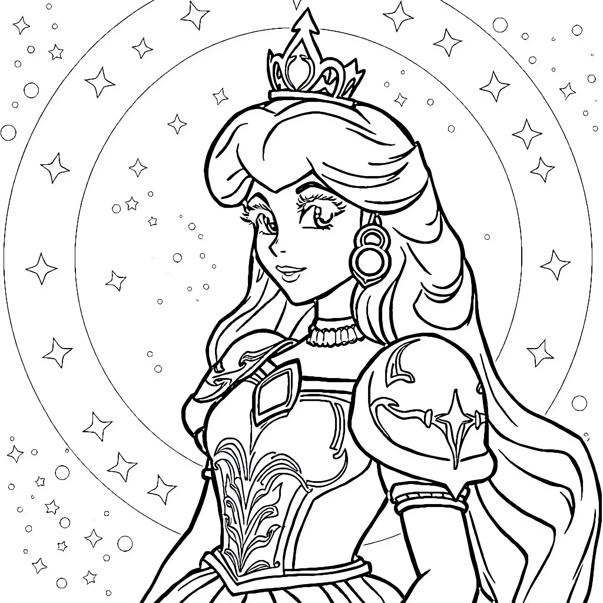 Princess enjoying a magical night with stars Coloring Page (free black-and-white line drawing printable PDF for all, from beginners to advanced learners, including children, teens, adults, and seniors)