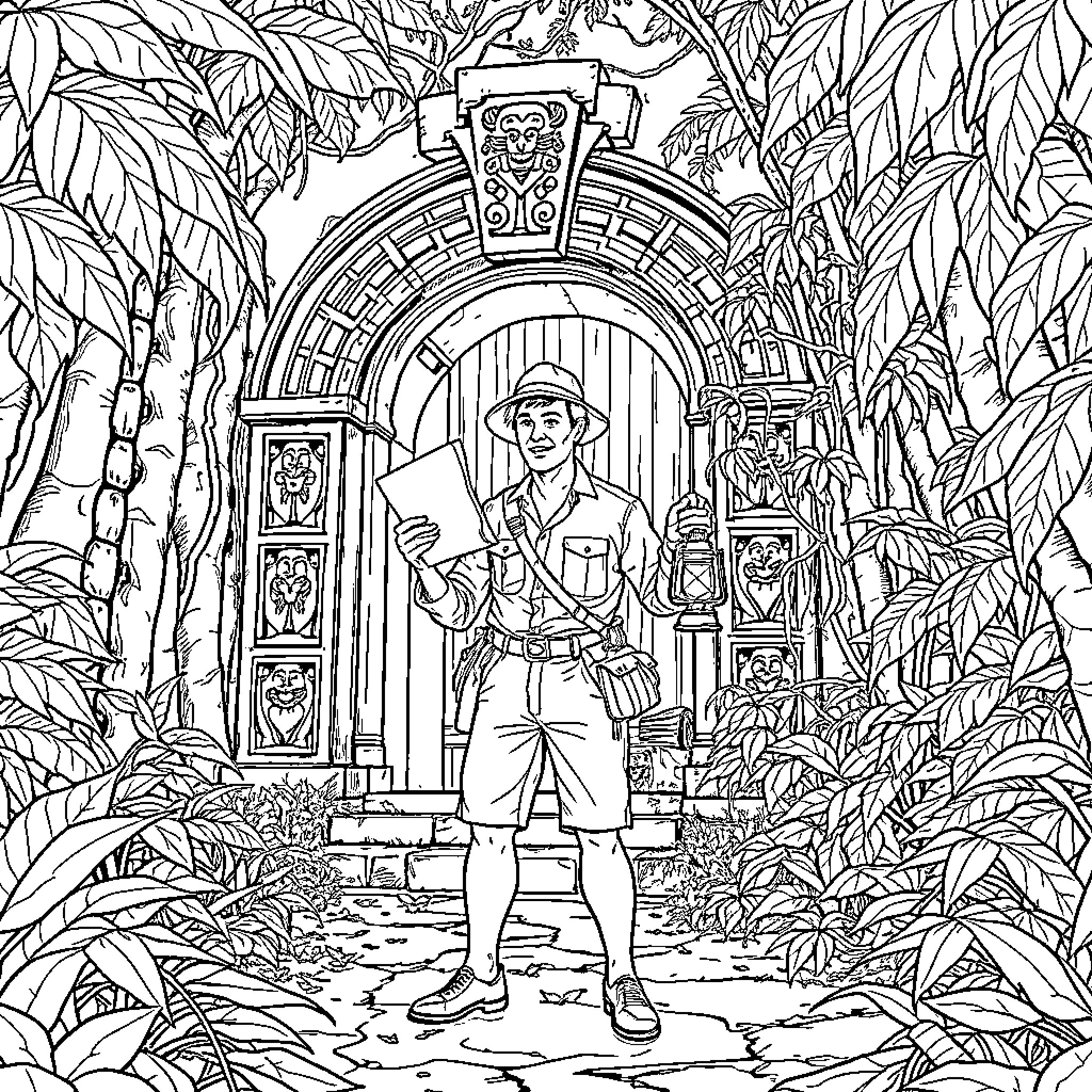 Explorer Embarks on an Adventurous Journey through the Lush Jungle Coloring Page (free black-and-white line drawing printable PDF for all, from beginners to advanced learners, including children, teens, adults, and seniors)