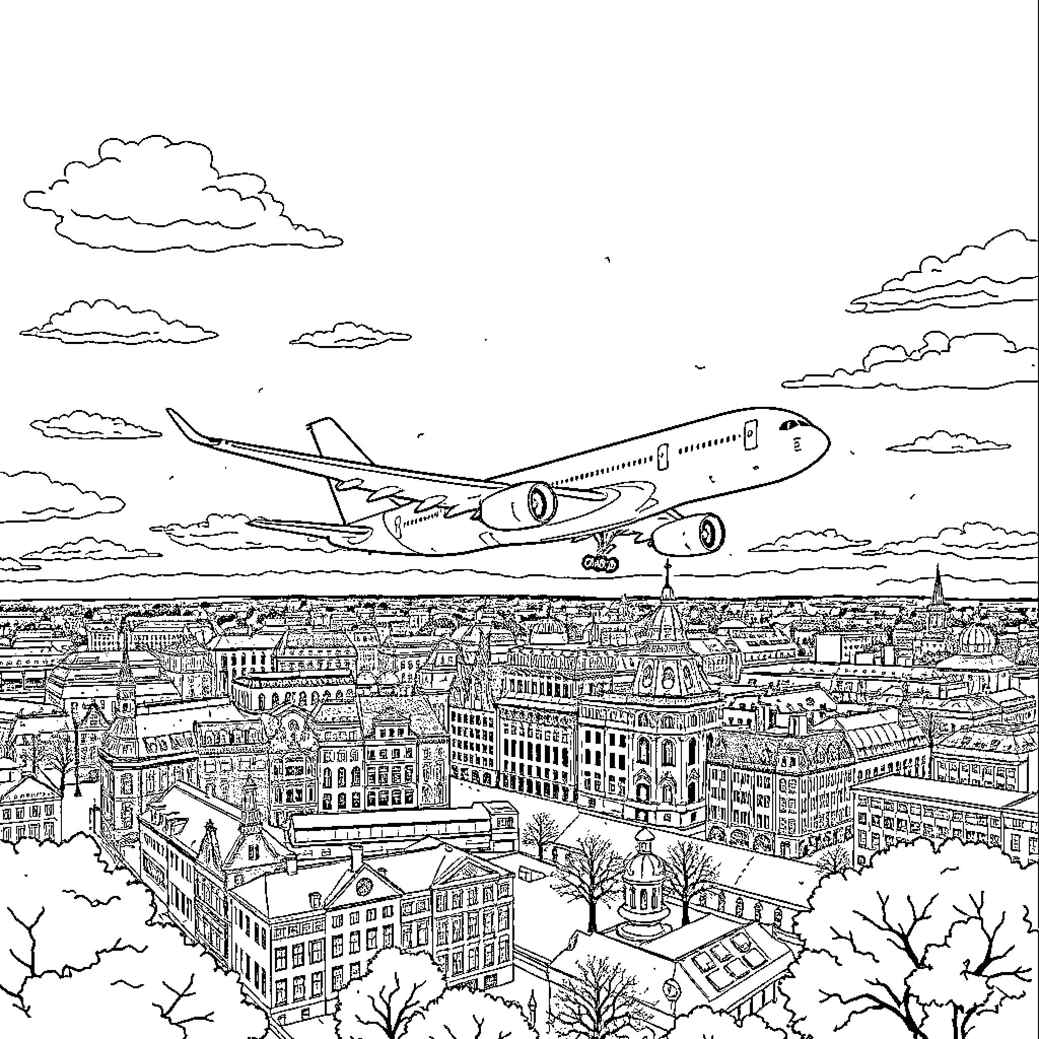 A380 soaring over a bustling city skyline Coloring Page (free black-and-white line drawing printable PDF for all, from beginners to advanced learners, including children, teens, adults, and seniors)