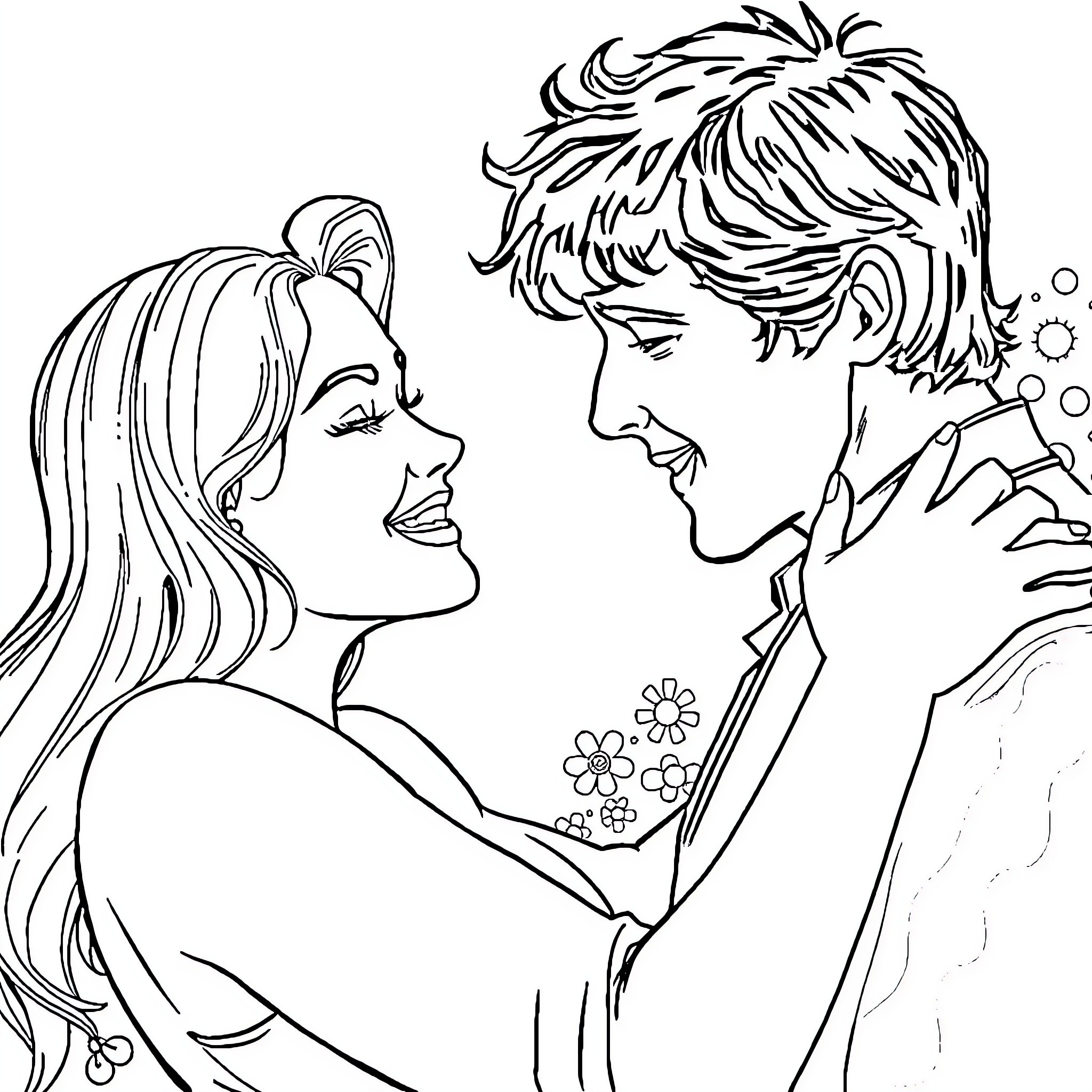 Ralph Macchio and co-star in romantic embrace Coloring Page (free black-and-white line drawing printable PDF for all, from beginners to advanced learners, including children, teens, adults, and seniors)
