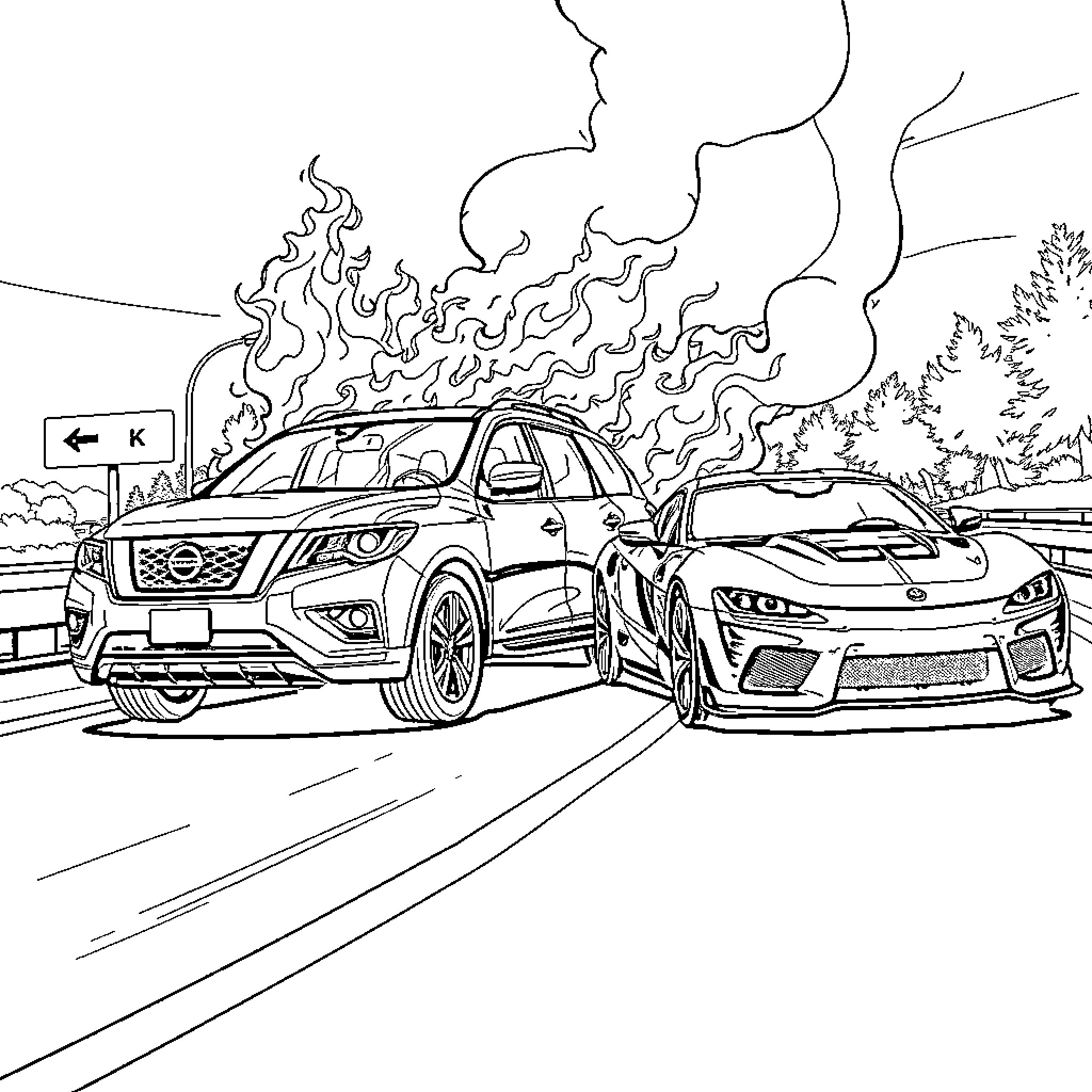 Car chase on the open road Coloring Page (free black-and-white line drawing printable PDF for all, from beginners to advanced learners, including children, teens, adults, and seniors)