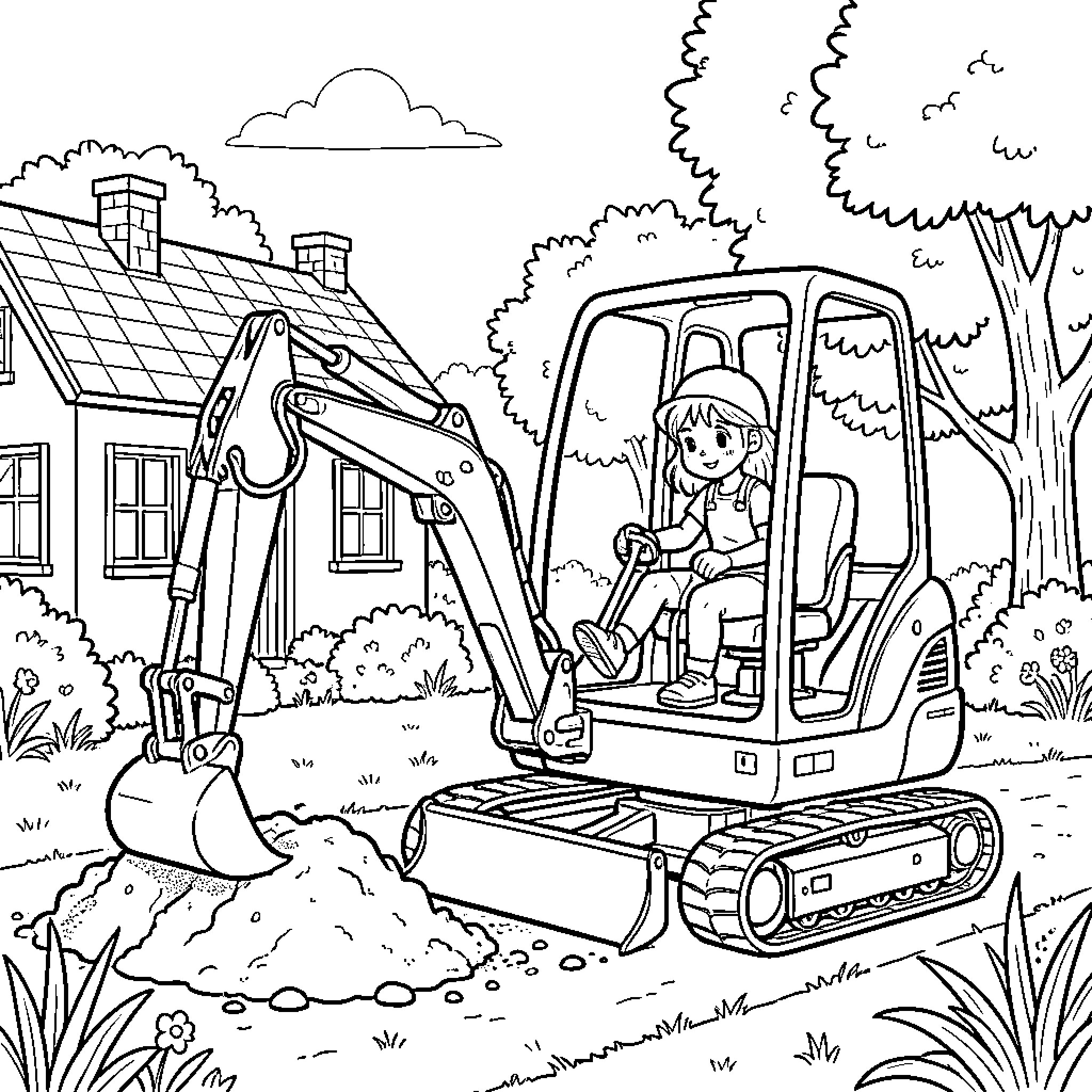 Fille operating a small excavator in a garden Coloring Page (free black-and-white line drawing printable PDF for all, from beginners to advanced learners, including children, teens, adults, and seniors)